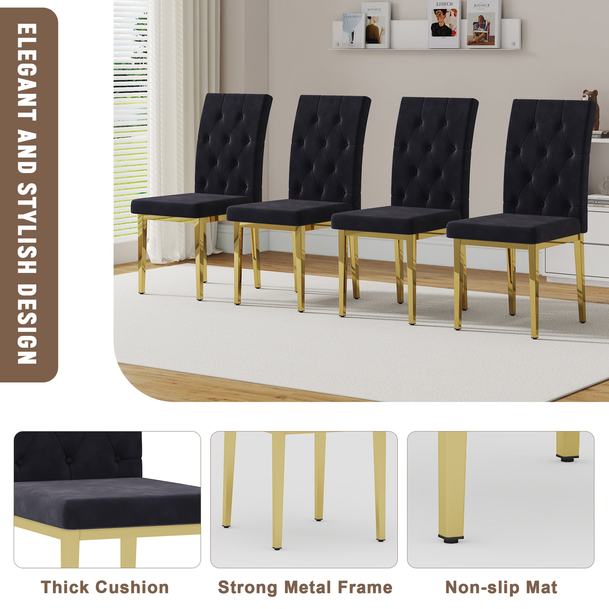 Table And Chair Set.Morden Luxurious Black Rectangular Patterned Dining Table With Glass Tabletop.Paried With 8 Dining Chairs, Modern Kitchen Upholstered High Backrest, Metal Leg. Black Gold Seats 8 Mdf Glass