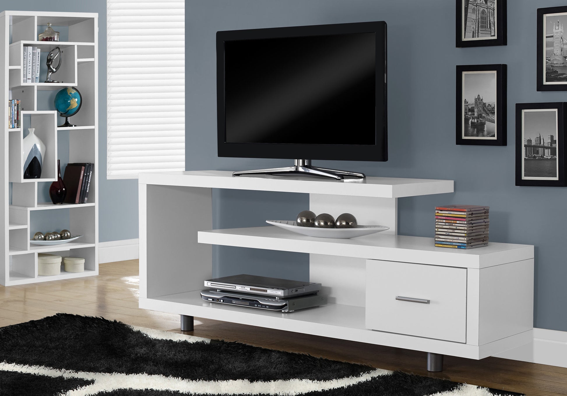 Tv Stand, 60 Inch, Console, Media Entertainment Center, Storage Cabinet, Living Room, Bedroom, White Laminate, Contemporary, Modern White 80 89 Inches Particle Board