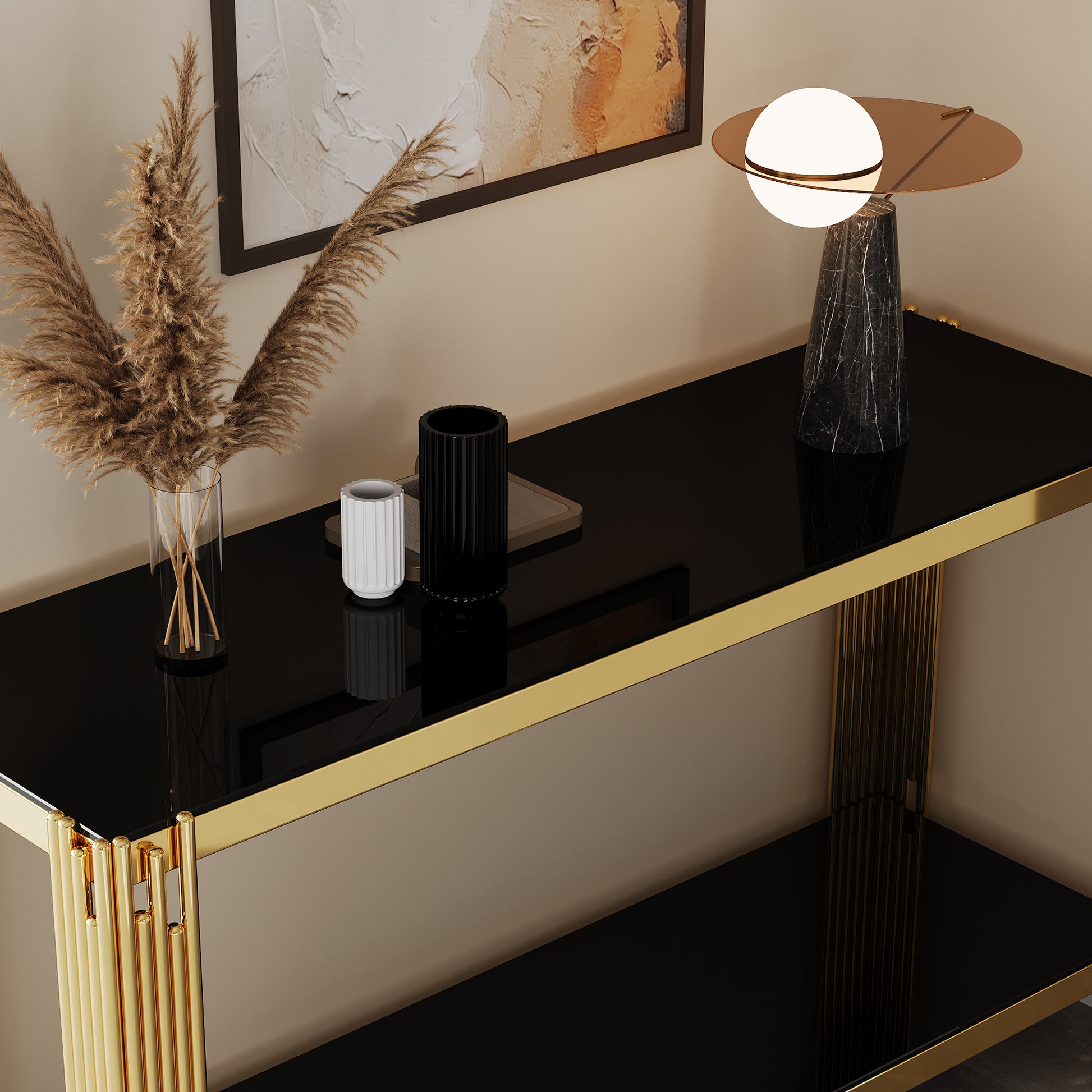 Console Table Tempered Black Glass Top Black Glass