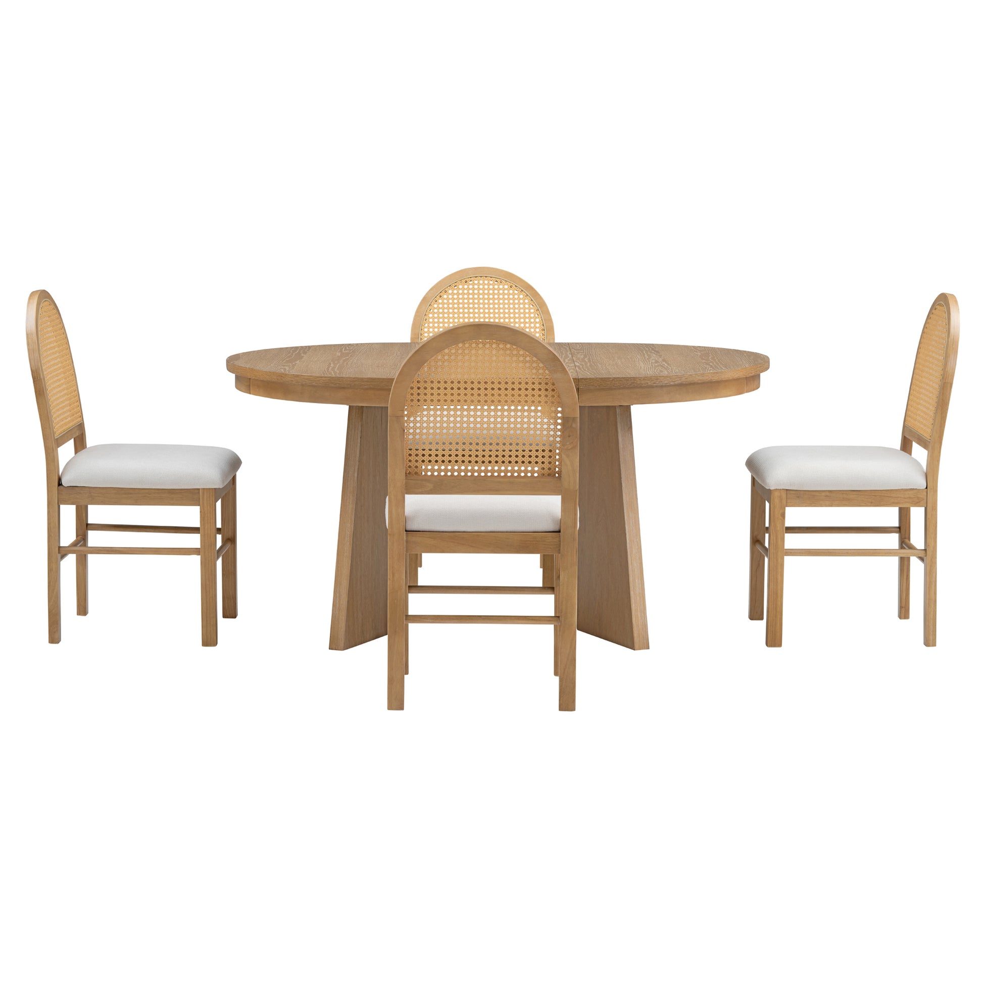 5 Piece Retro Functional Dining Set With 1 Extendable Dining Table And 4 Upholstered Chairs With Rattan Backrests For Dining Room And Kitchen Natural Wood Wash Natural Wood Wash Solid Wood Mdf