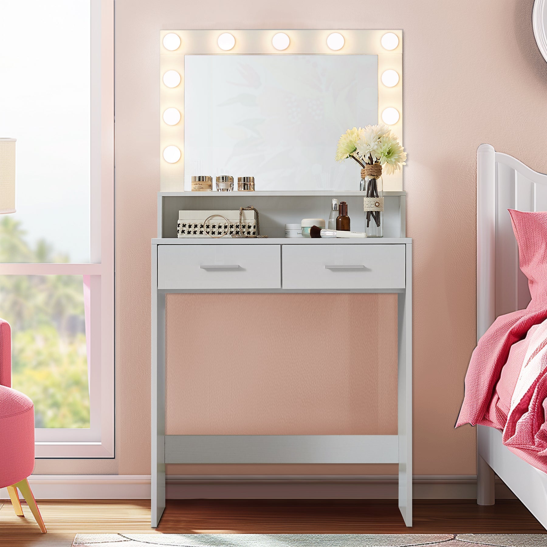 Vanity Desk With Mirror And Lights, Dressing Table With Large Drawer, Vanity Desk With Mirror And Lights, Dressing Table With Large Drawer,