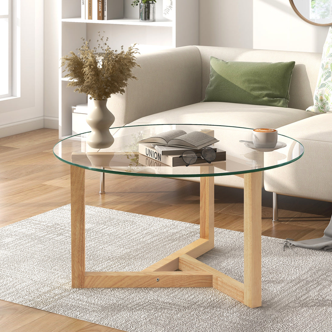 Picture Round Glass Coffee Table Modern Cocktail Table Easy Assembly With Tempered Glass Top & Sturdy Wood Base, Natural Old Sku: Wf190112Aal Natural Glass