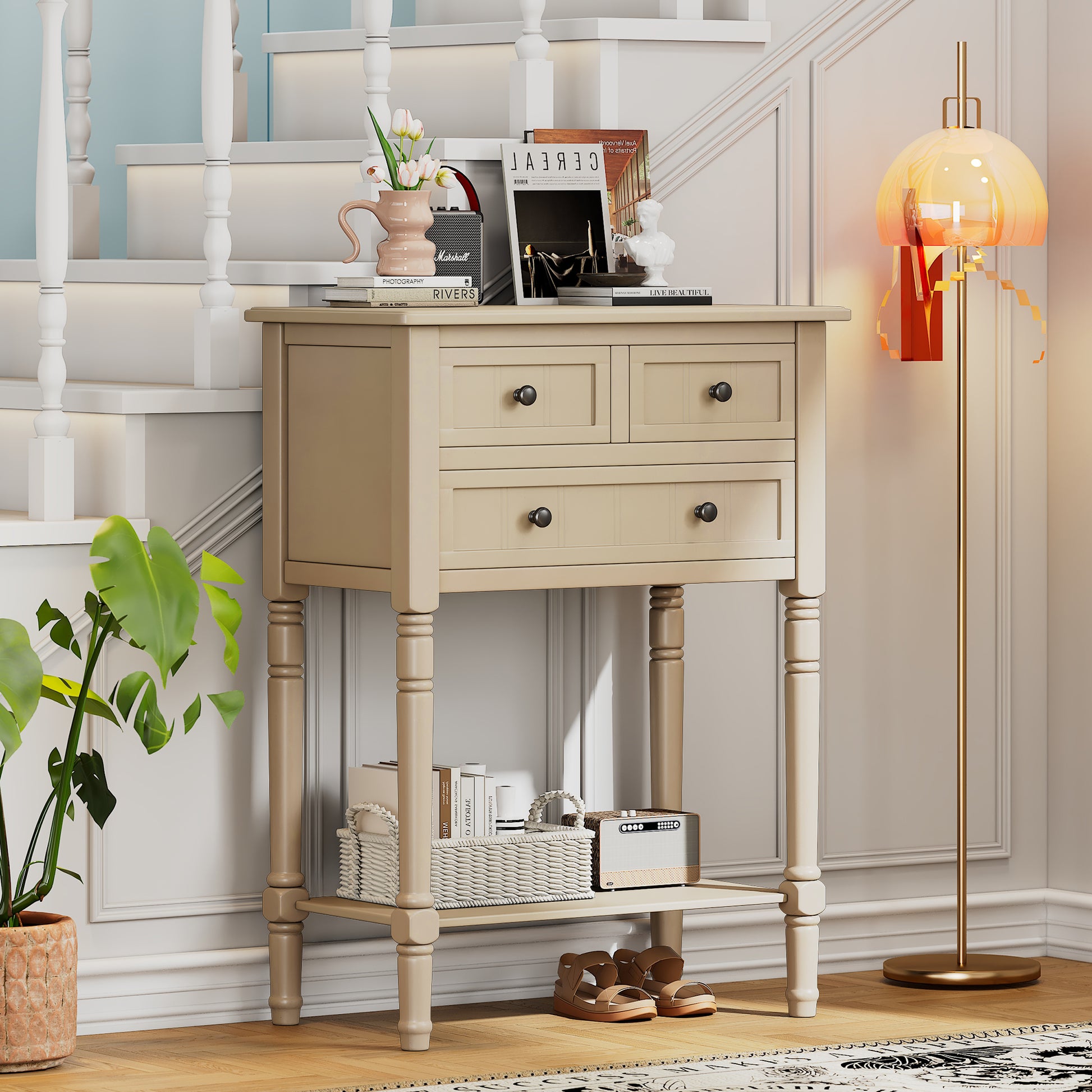 Narrow Console Table, Slim Sofa Table With Three Storage Drawers And Bottom Shelf Beige Beige Solid Wood Mdf