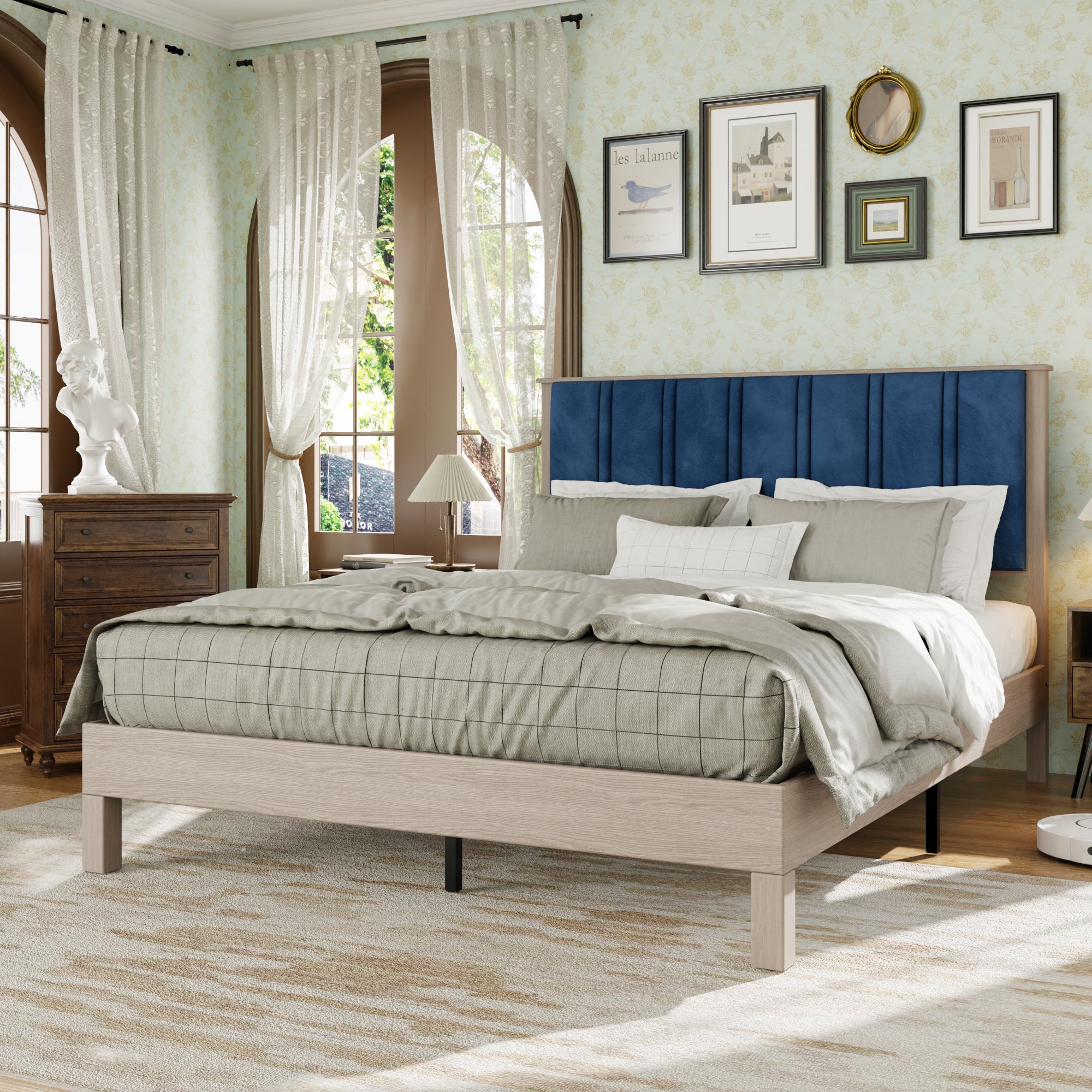 Queen Bed Frame, Wood With Wood Headboard Bed Frame With Upholstered Headboard Wood Foundation With Wood Slat Support No Box Spring Needed Easy Assembly Box Spring Not Required Queen Antique Grey White Wood Bedroom Pine Bed Frame Metal & Wood