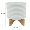 Ceramic Planter With Textured Pattern And Wooden Stand, White White Ceramic