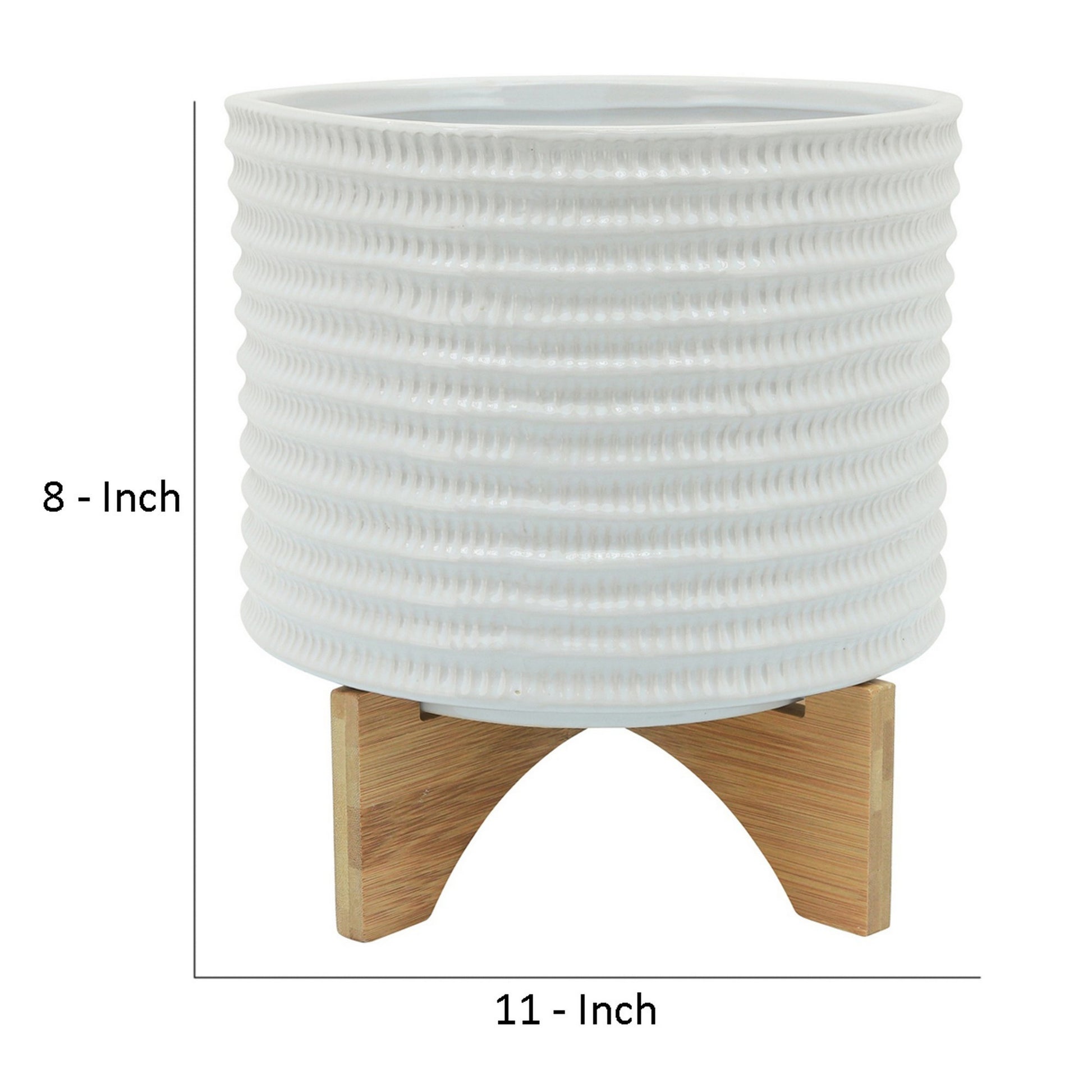 Ceramic Planter With Textured Pattern And Wooden Stand, White White Ceramic