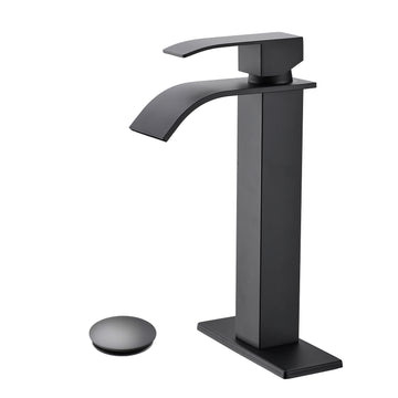 Waterfall Spout Bathroom Sink Single Handle Faucet With Pop Up Drain No Overflow Matte Black Stainless Steel