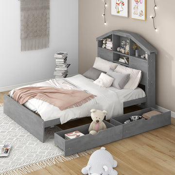 Full Size Wood Platform Bed With House Shaped Storage Headboard And 2 Drawers, Gray Box Spring Not Required Full Gray Wood Bedroom Solid Wood Mdf