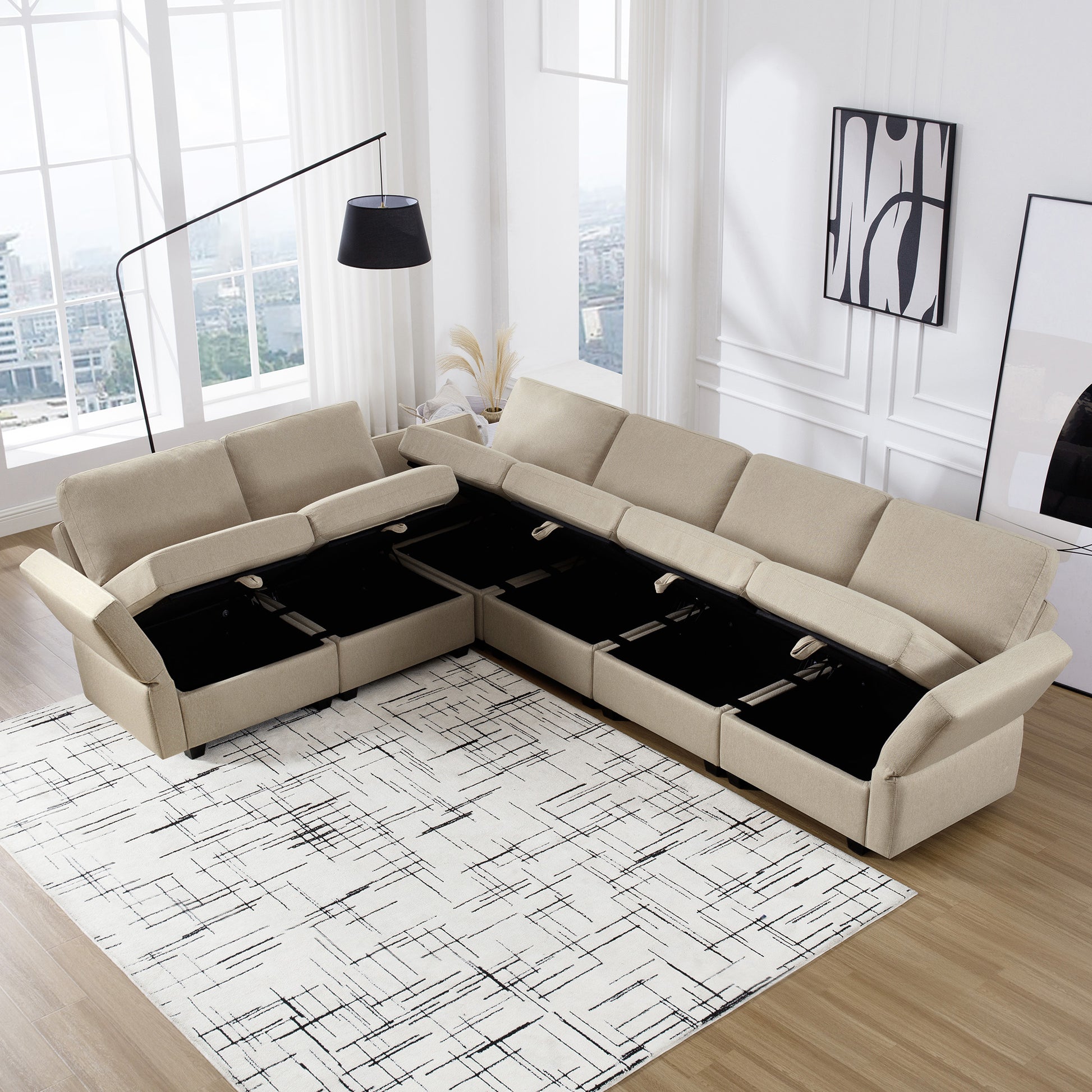 L Shaped Modular Sectional Corner Sofa Couch, 6 Seat Modular Sectional Sofa With Chaise For Living Room, Adjustable Arms And Backs Beige Beige Polyester 6 Seat
