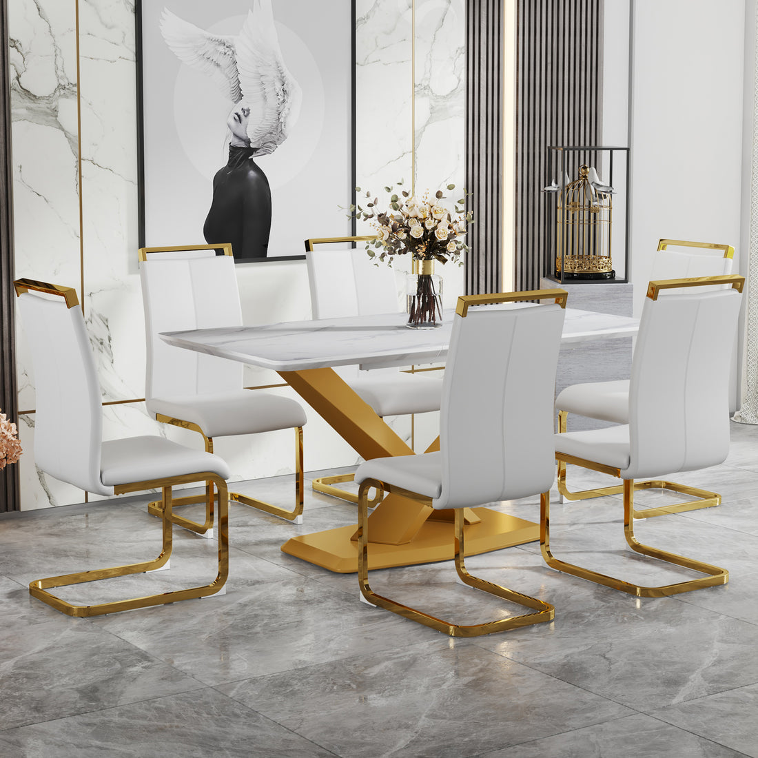 Table And Chair Set, The Table Is Equipped With A Marble Patterned Mdf Tabletop And Gold Table Legs.The Chair Is Equipped With Pu Synthetic Leather High Back Cushion And Gold Coated Metal Legs. Gold White Seats 6 Mdf Metal