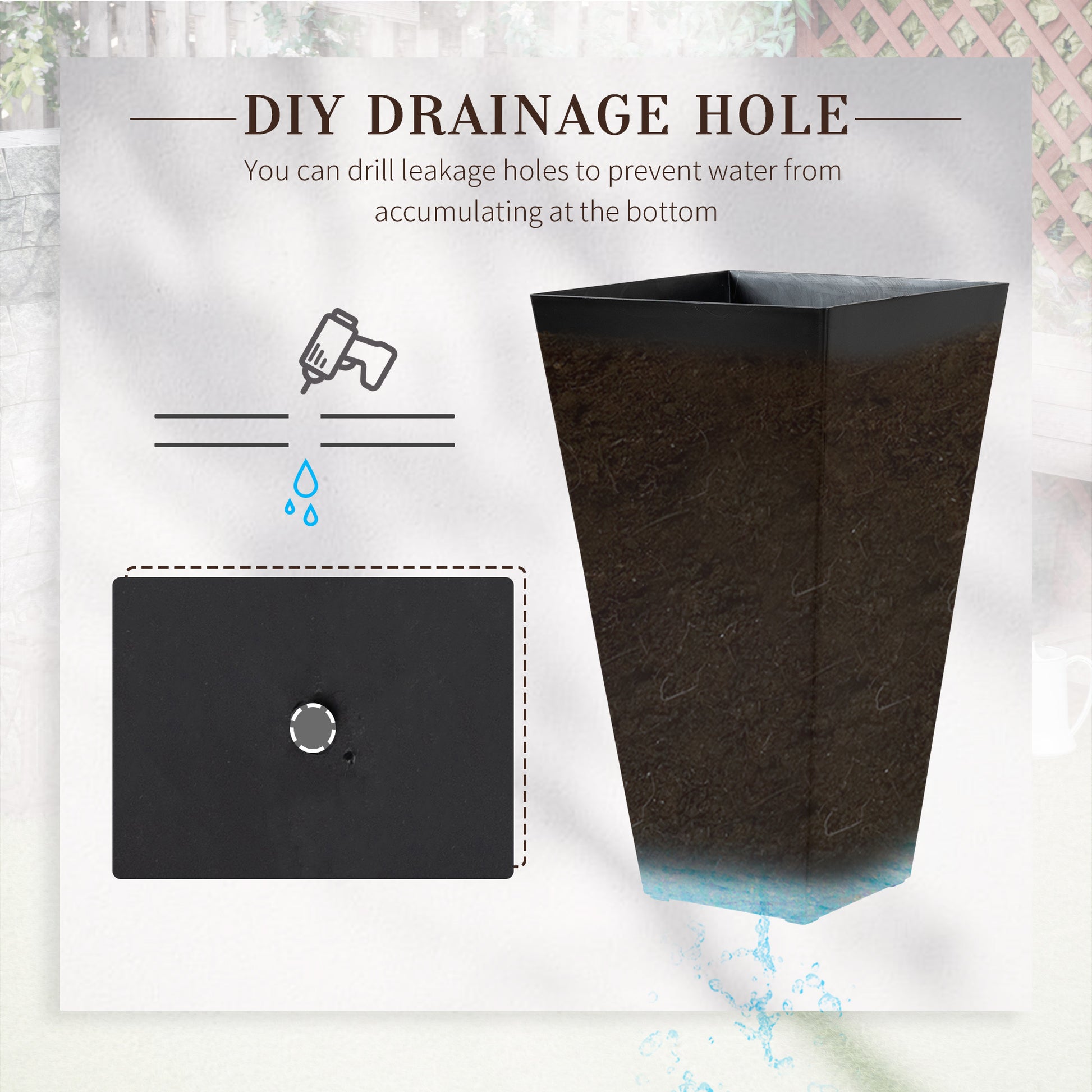 outdoor plant pot with drainage holes Outsunny Set Of 3 Tall Planters With Drainage Hole, 28" Outdoor Flower Pots, Indoor Planters For Porch Patio And Deck, Black Black Polypropylene