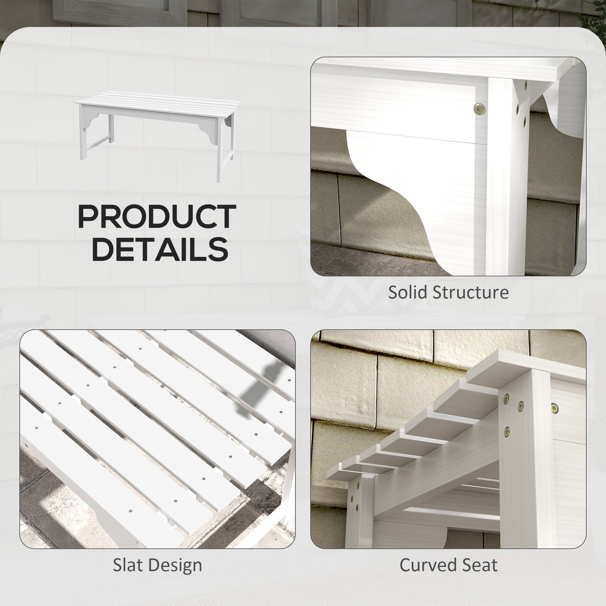 Outsunny Wooden Garden Bench, Outdoor Park Bench With Slatted Seat, Backless Front Porch Bench With Curved Seat For Conservatory, Garden, Poolside, Deck, White White Wood