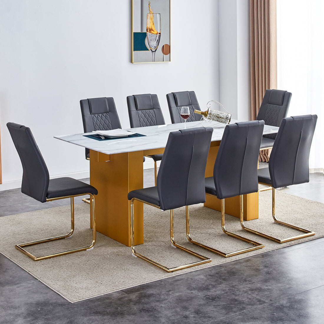 Table And Chair Set.Large Modern Rectangular Table With 0.4 Inch Patterned Glass Tabletop And Large Mdf Table Legs.Comes With 8 Chairs With Faux Leather Cushioned Seats And Golden Metal Legs. Gold White Seats 8 Mdf Glass