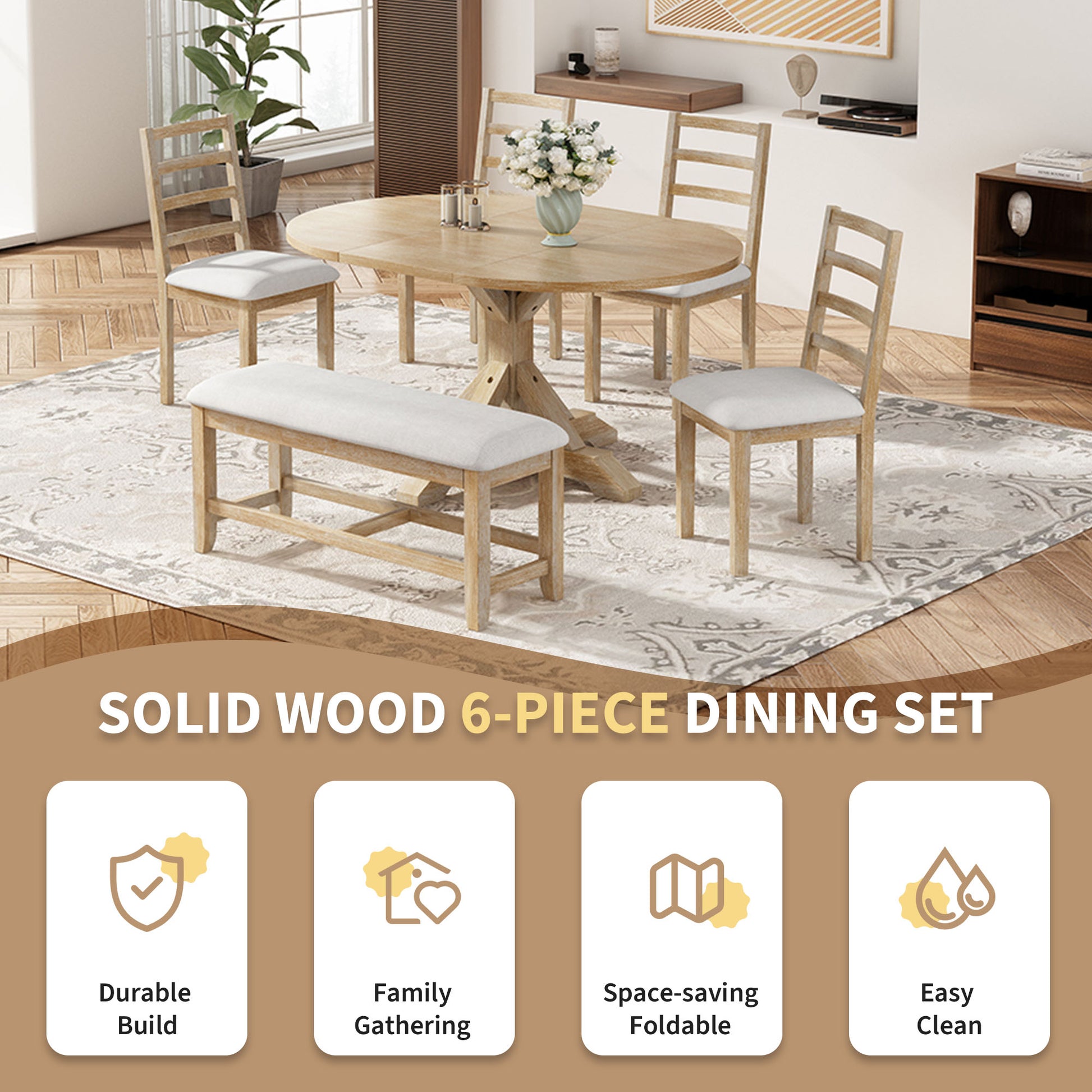Farmhouse 6 Piece 60Inch Extendable Pedestal Dining Table Set With 18Inch Removable Leaf, 44Inch Bench And 4 Ladder Back Dining Chairs, Natural Wood Dining Room Solid Wood Rubberwood Oval Dining Table With Bench Wood Wood Natural Ladder Back Seats 6 60