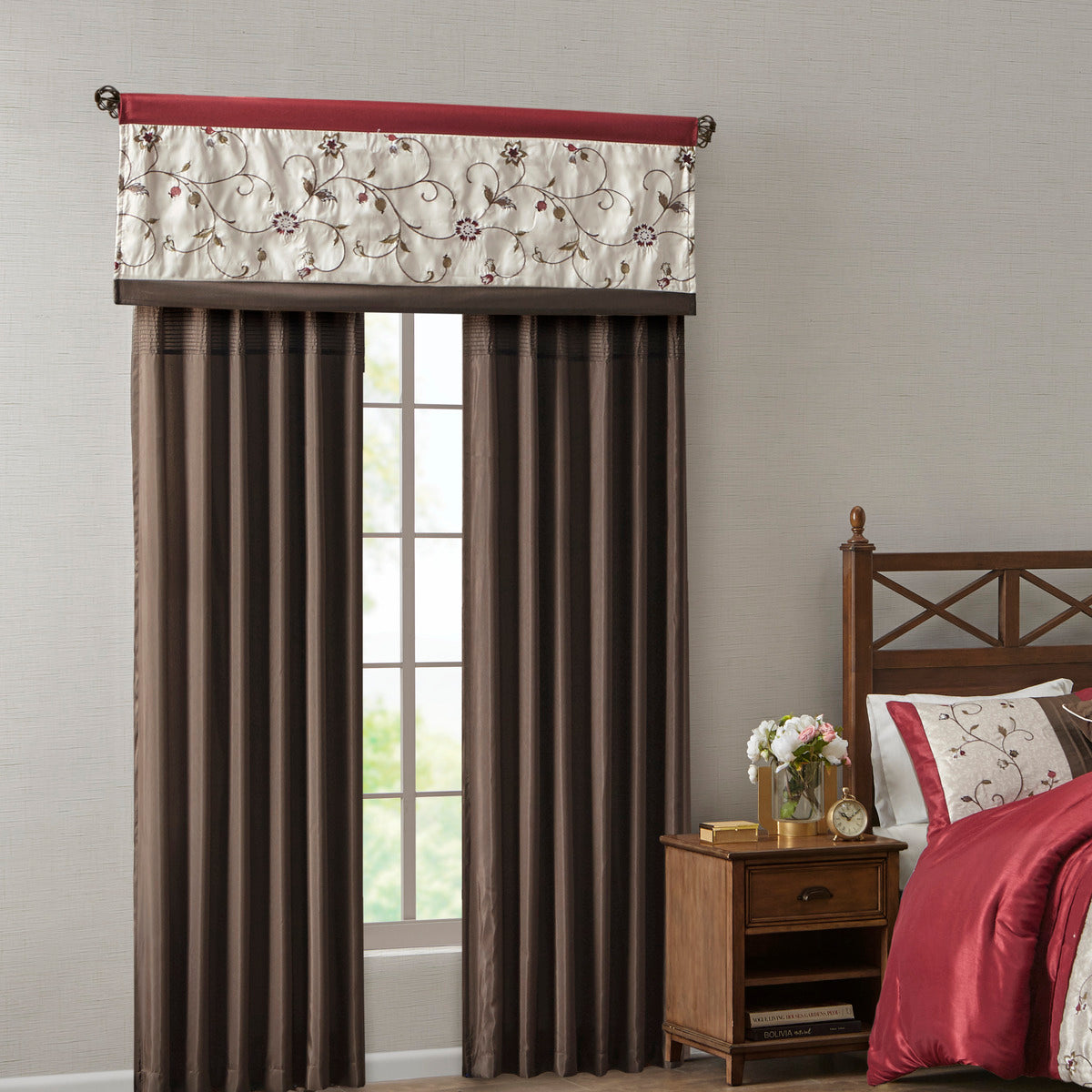 Embroidered Window Valance Red 50X18" Red Polyester