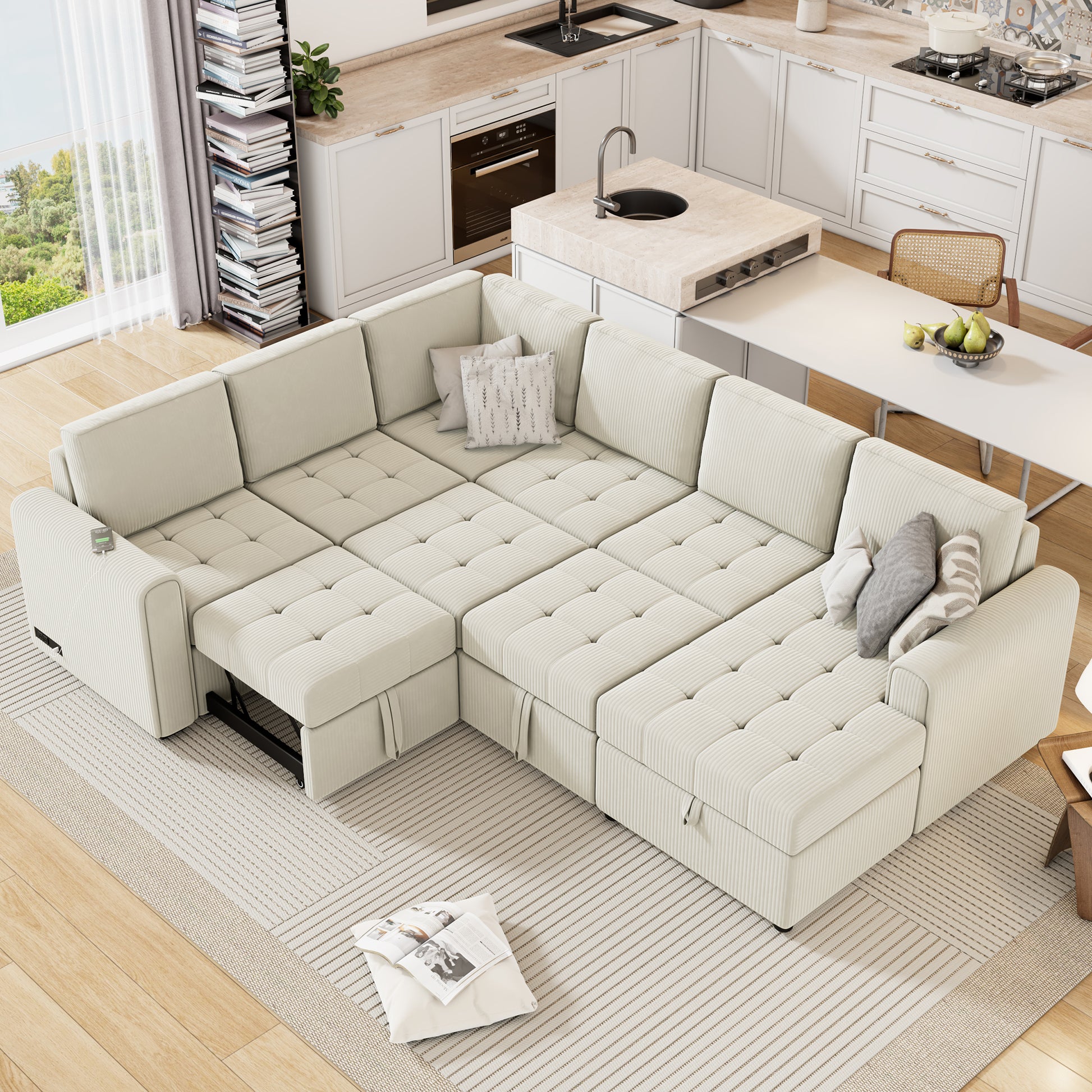 107.5" U Shaped Sofa Sectional Sofa Pull Out Sofa Bed With A Storage Chaise Lounge, Charging Devices For Living Room, Beige Beige Foam Corduroy 5 Seat