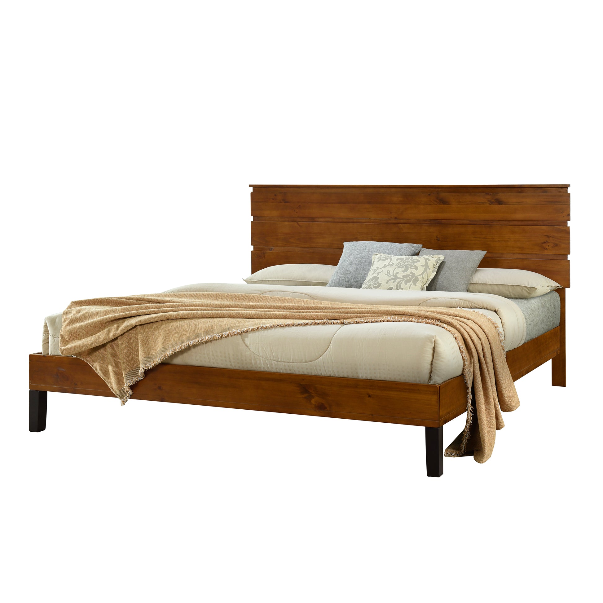 Mid Century Modern Solid Wood Bed Frame King Size Platform Bed With Three Piece Headboard Design, No Box Spring Needed, Brown King Brown Pine