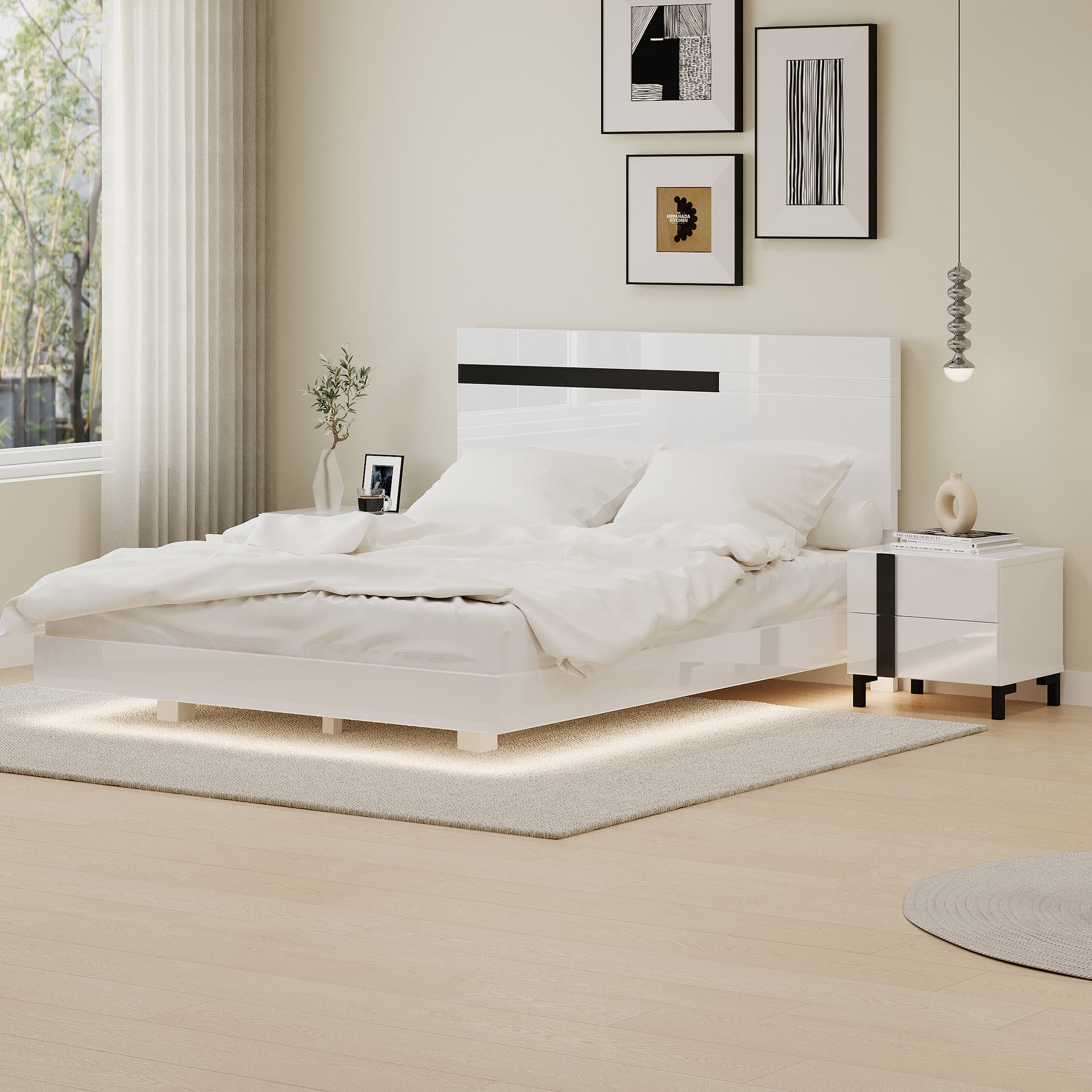 Modern High Gloss 3 Piece Bedroom Set Floating Bed Frame Queen Size Platform Bed With Led Light & 2 Nightstands, White Box Spring Not Required Queen White Wood 3 Piece Set Solid Wood Mdf