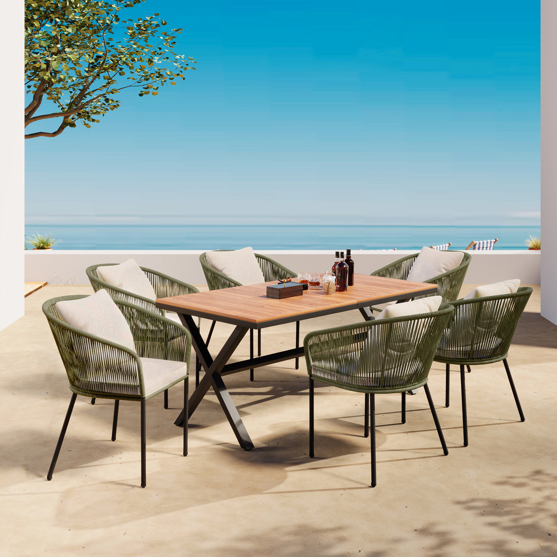 7 Pieces Patio Dining Set, All Weather Outdoor Furniture Set With Dining Table And Chairs, Acacia Wood Tabletop, Metal Frame, For For Garden, Backyard, Balcony, Green Yes Green Seats 6 Garden & Outdoor Complete Patio Sets Wood Wood Rope