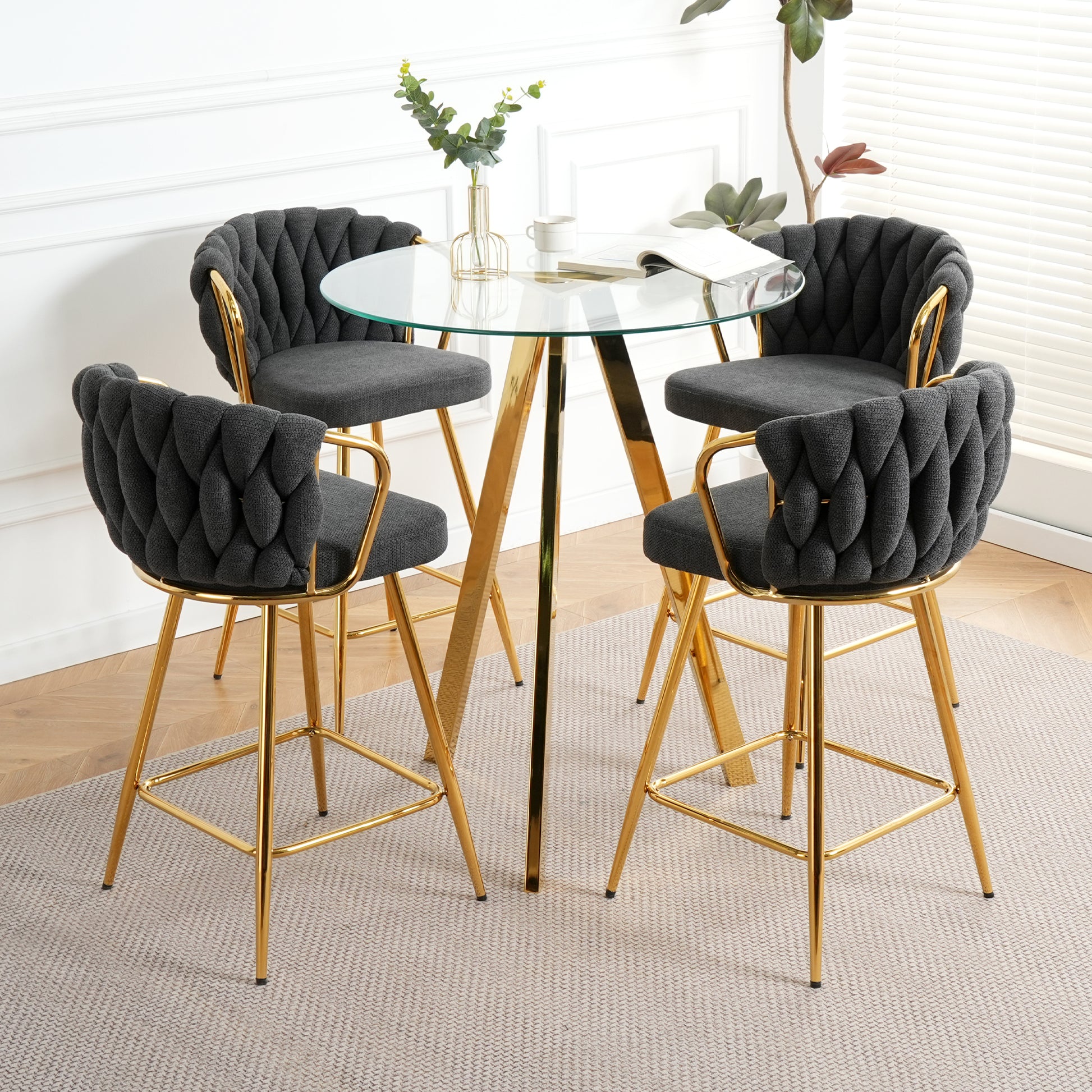 Stylish Dark Grey Cotton And Linen Design, Gold Plated Metal Legs, Round Tempered Glass Countertop, Bar Chair Cover, Suitable For Bar, Restaurant, Bedroom Bar Chair, Set Of 5 Metal Dark Gray Seats 4