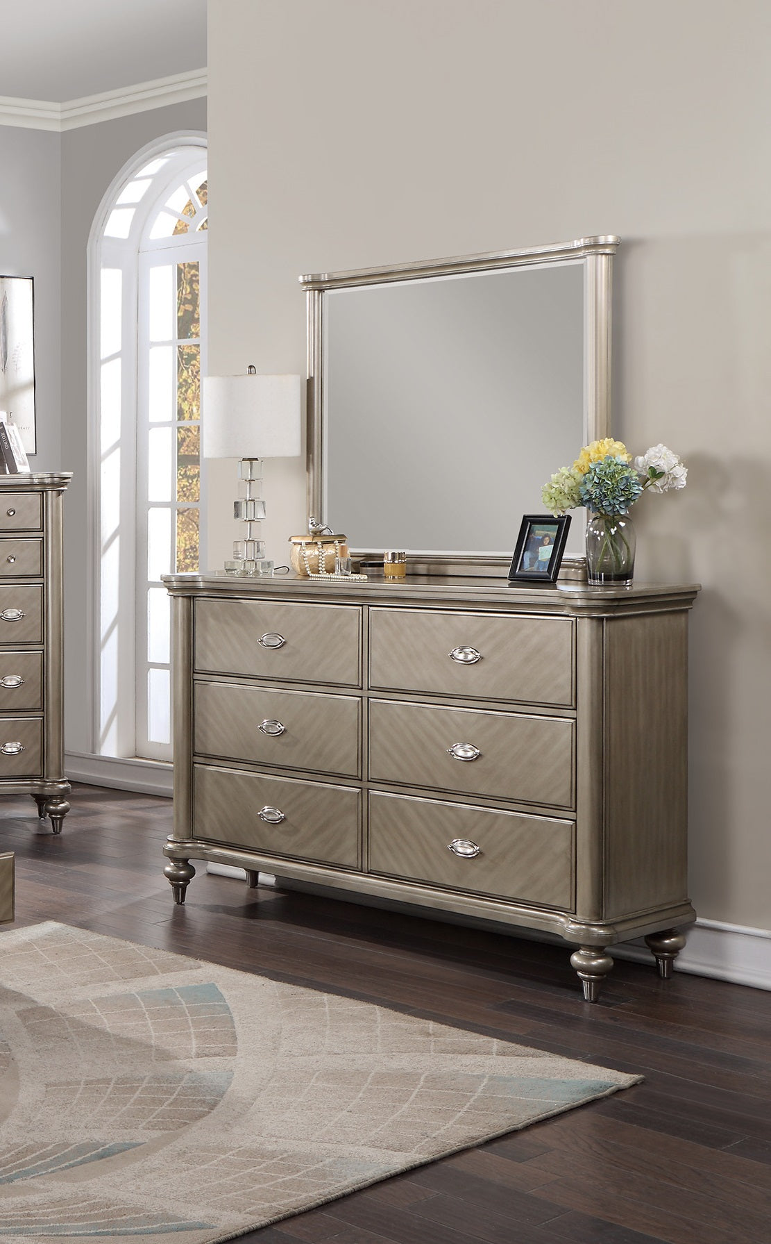 Luxury Antique Silver Champagne Finish Dresser W Mirror Storage Space Drawers Bedroom Furniture Antique Silver Bedroom Contemporary,Industrial,Modern