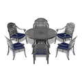 Cushions In Random Colors 7 Piece Set Of Cast Aluminum Patio Furniture With Cushions Yes Dining Set Black Seats 6 Rust Resistant Frame Water Resistant Cushion Garden & Outdoor Complete Patio Sets Aluminium
