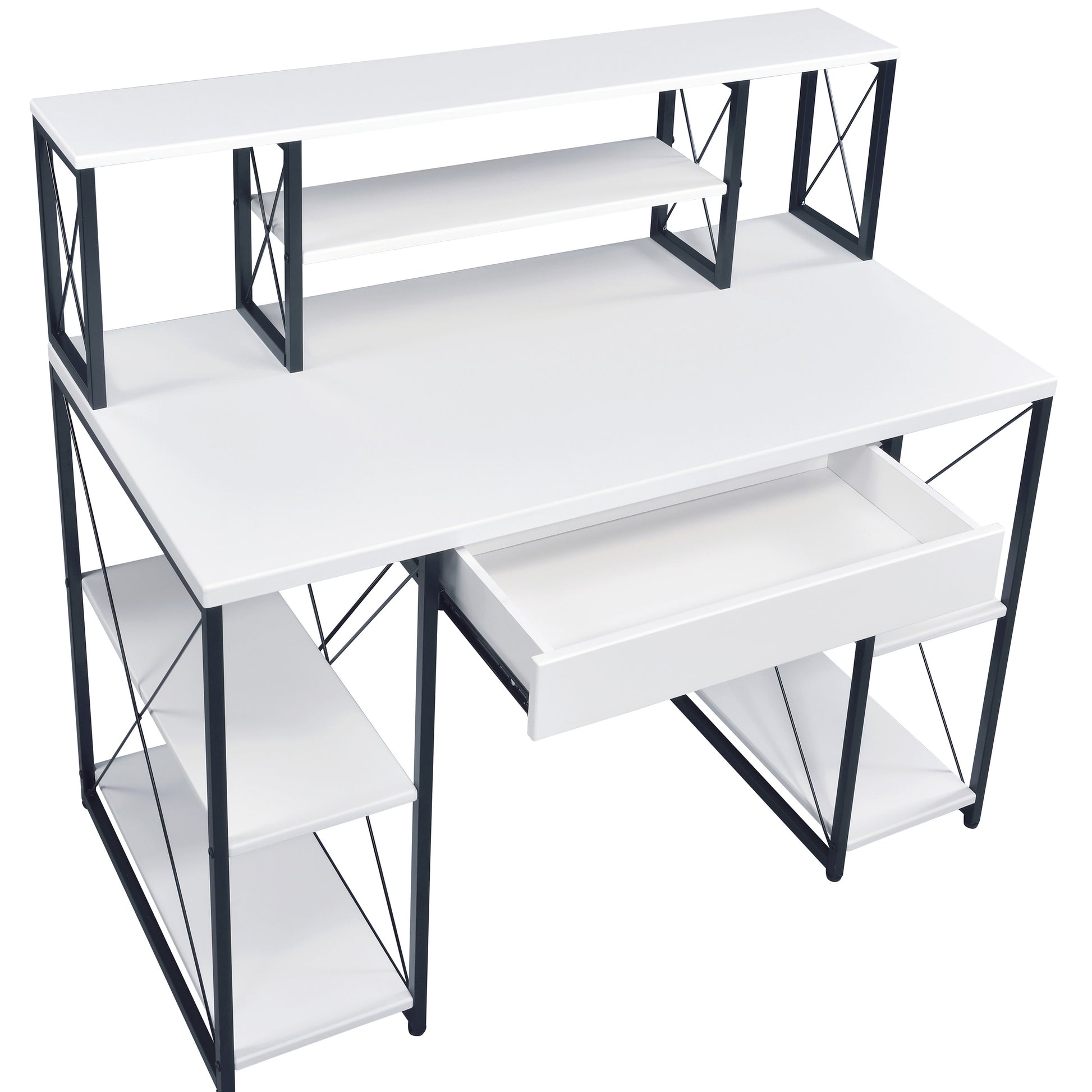 White And Black Office Desk With Open Shelves And Hutch White Black Writting Desk Office Rectangular Shelves Wood Metal Sled