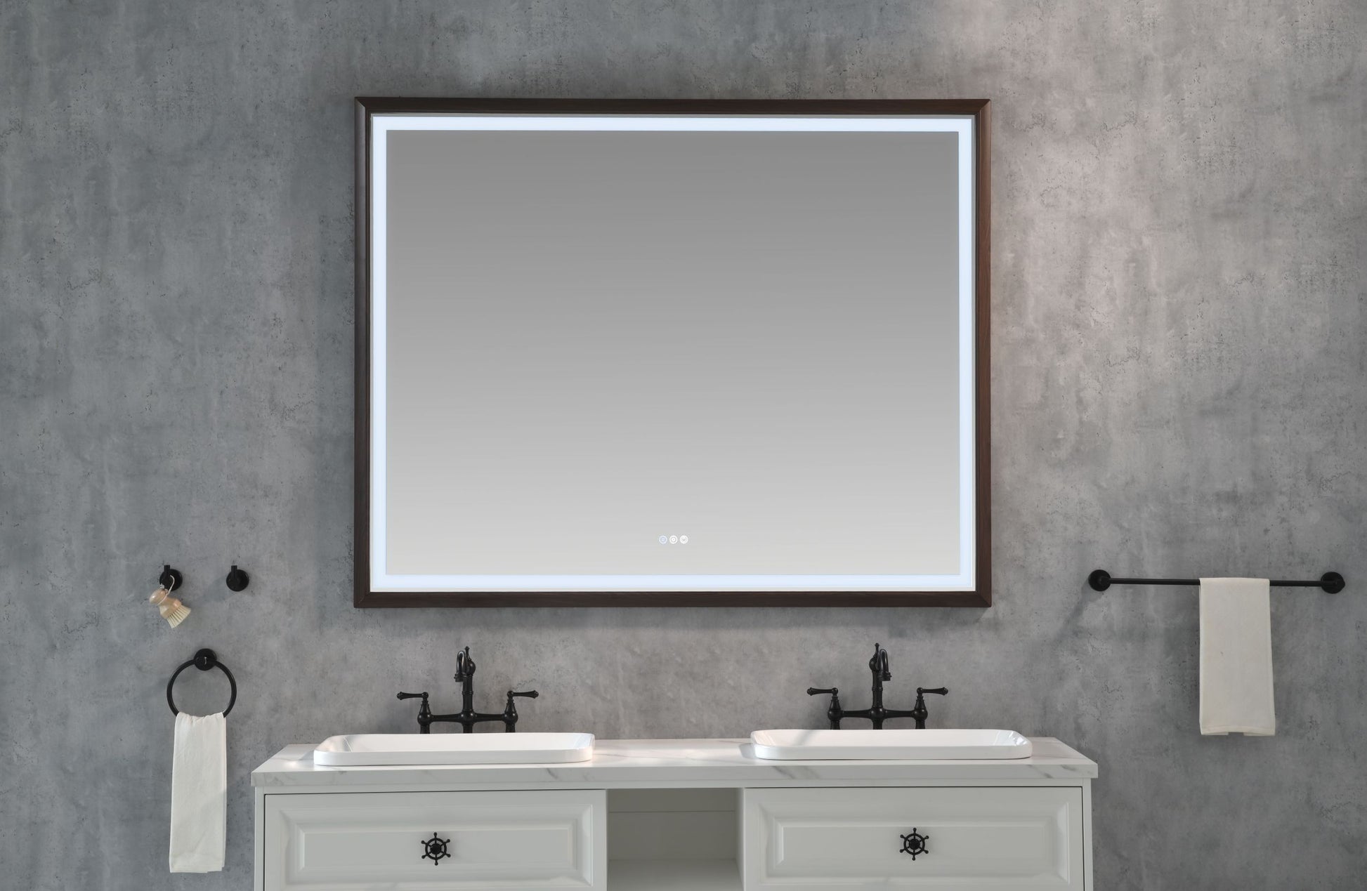 Bathroom Led Mirror Is Multi Functional And Each Function Is Controlled By A Smart Touch Button. Brown Aluminium