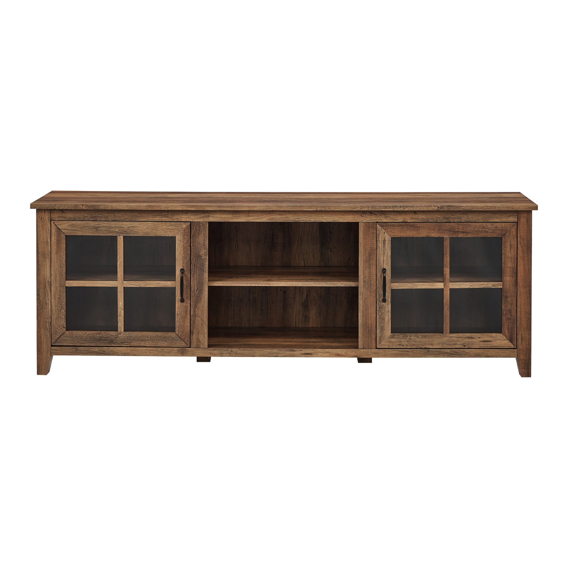 Modern Farmhouse 2 Door Glass Windowpane 70" Tv Stand For 80" Tvs Rustic Oak Oak Mdf