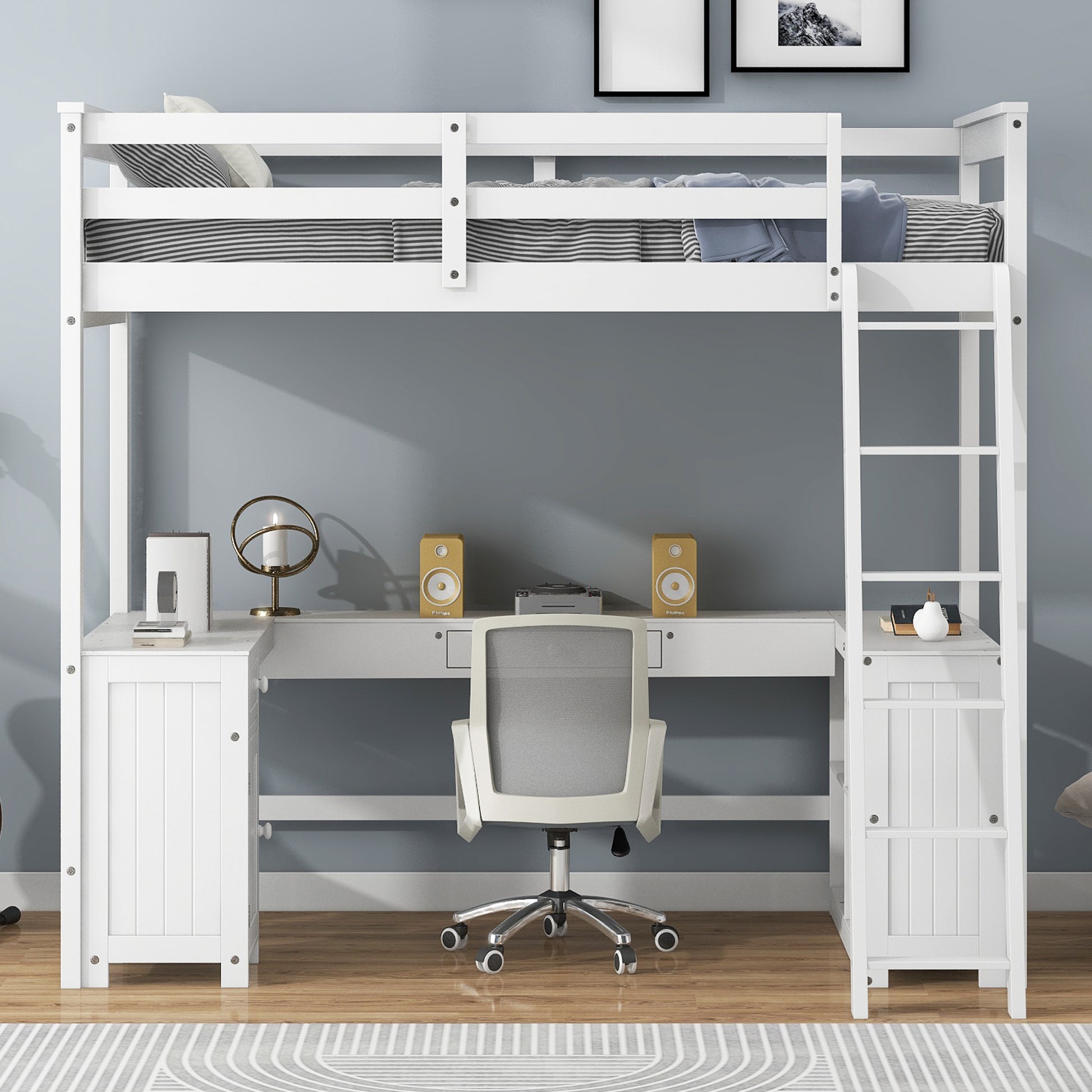 Twin Size Loft Bed With U Shaped Desk, Drawers And Storage Shelves, White Box Spring Not Required Twin White Wood Bedroom Solid Wood Mdf