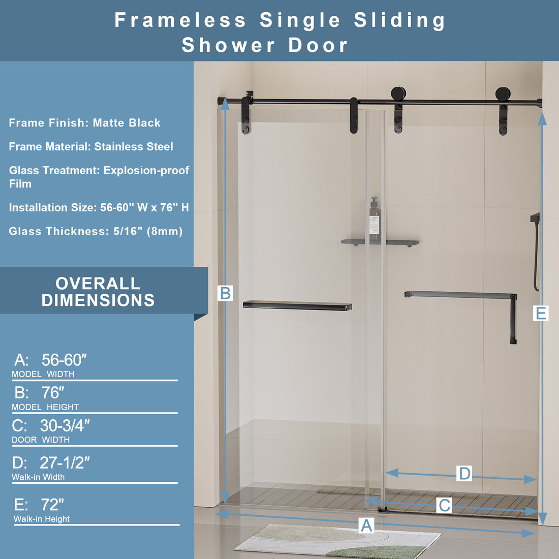 56 60 In. W X 76 In. H Frameless Shower Door, Single Sliding Shower Door, 5 16" 8Mm Clear Tempered Glass Shower Door Explosion Proof Film, Stainless Steel Hardware, Matte Black 24D210 60Mb Combo Matte Black Glass