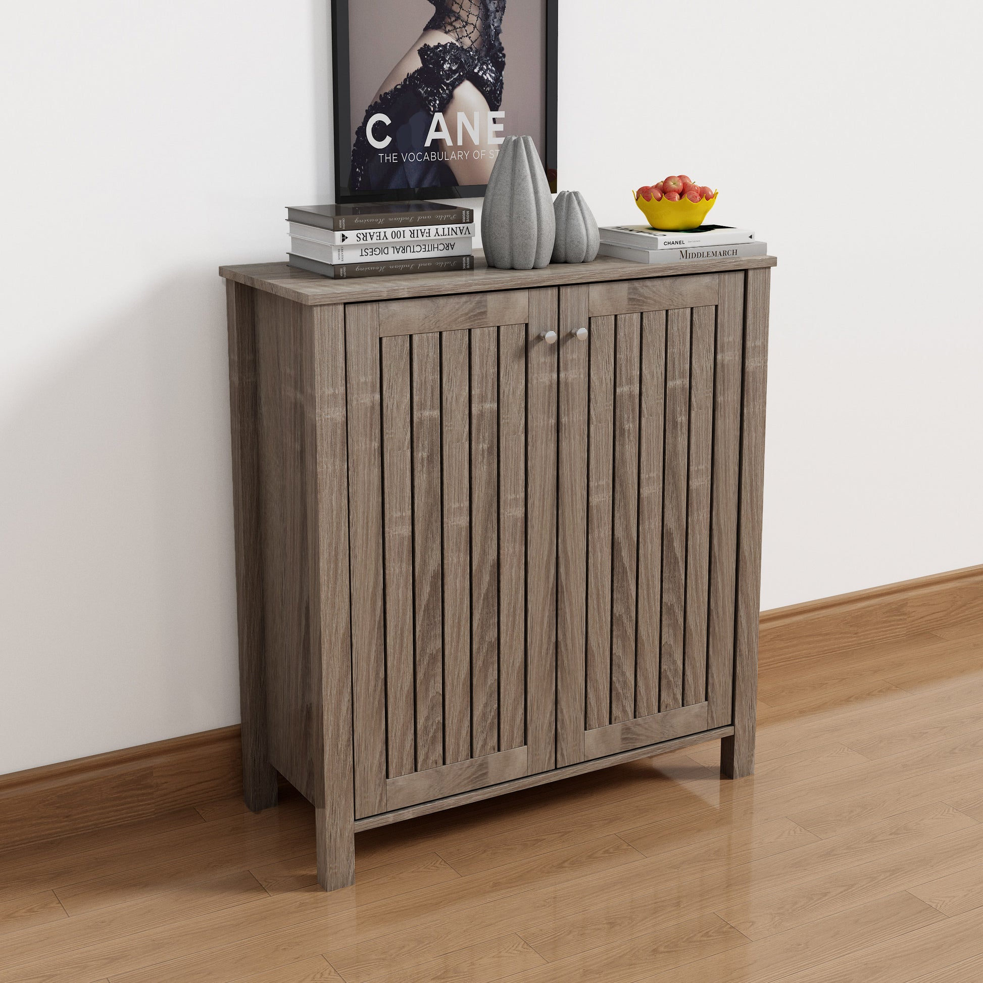 Shoe Cabinet Storage Cabinet Entryway Cabinet With Two Doors Slat Style Vented Doors Metal Knob Handle Four Shelves Dark Taupe Color Taupe Particle Board Mdf