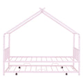 Twin Size Metal House Bed With Twin Size Trundle, Pink Twin Pink Metal