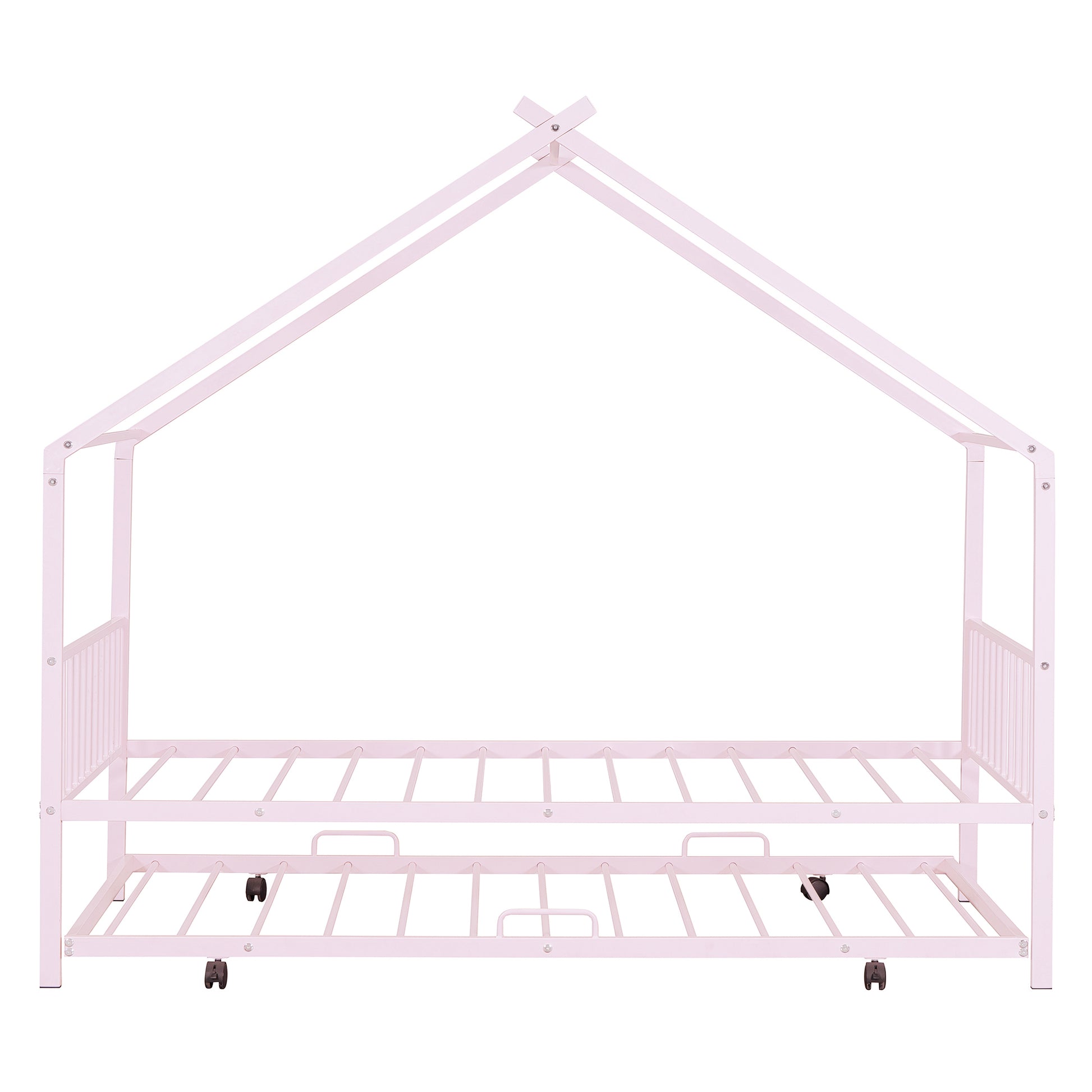 Twin Size Metal House Bed With Twin Size Trundle, Pink Twin Pink Metal