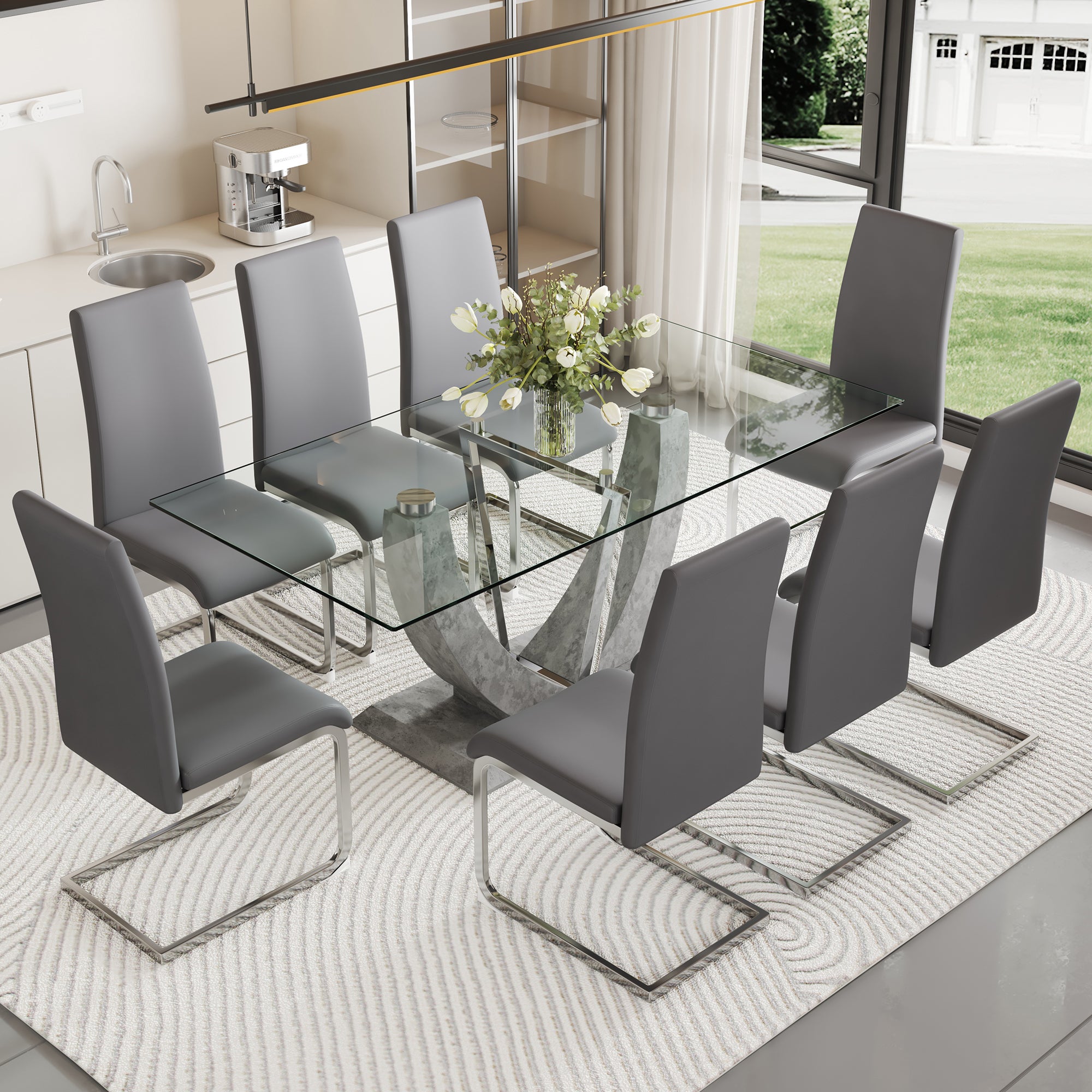 Table And Chair Set, Large Modern Rectangular Glass Table, Can Accommodate 6 8 People, Equipped With A 0.39 Inch Tempered Glass Tabletop And Large Mdf Table Legs, Comfortable And Soft Chairs. Transparent Mdf Glass