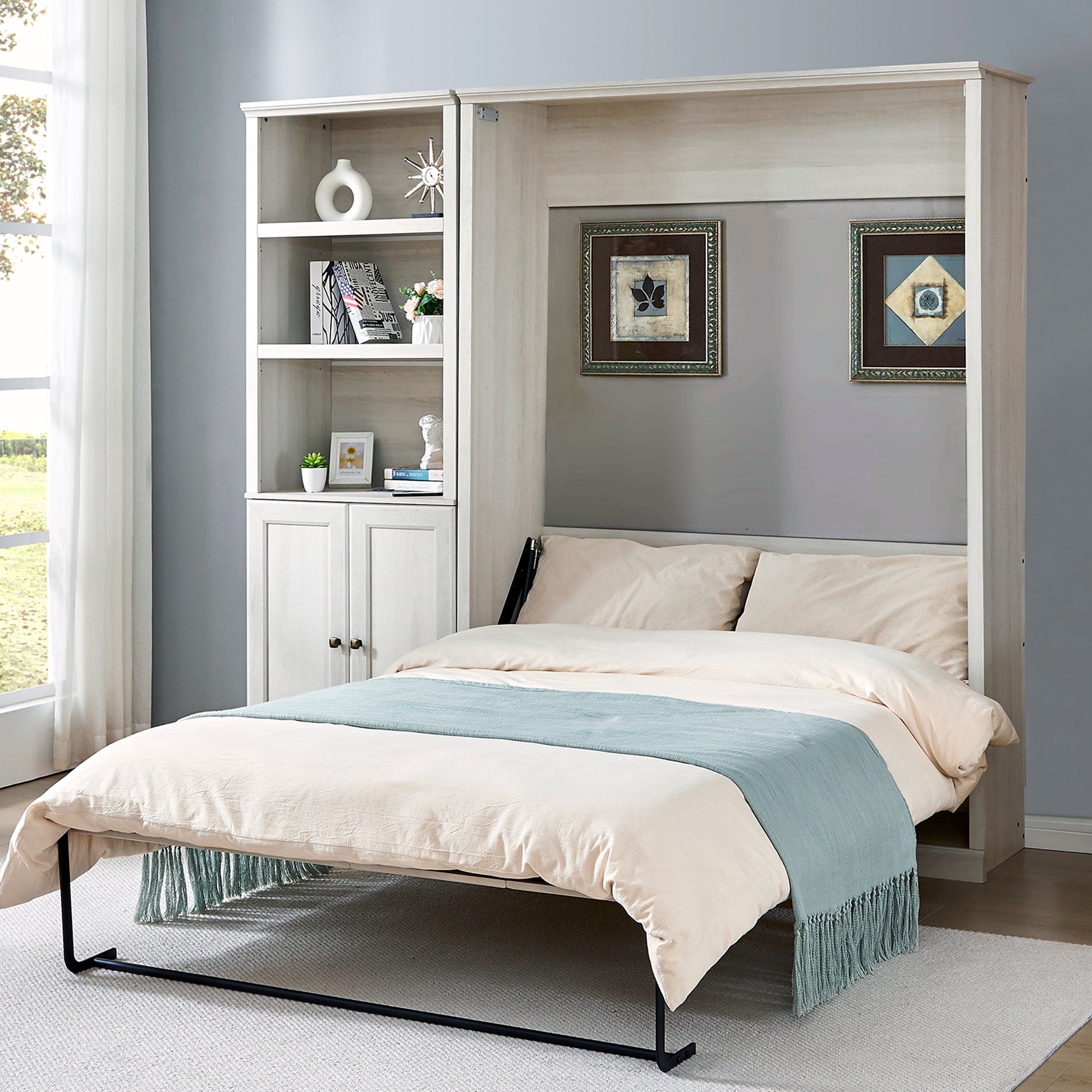 Full Size Half Self Close And Open Murphy Bed With 1 Side Cabinet Storage Shelf, Cabinet Space Saving Bed Perfect For Guest Room, Bed Room, Guest Room, Home Office, Rustic White Box Spring Not Required Full Rustic White Wood White Pine Murphy Solid Wood