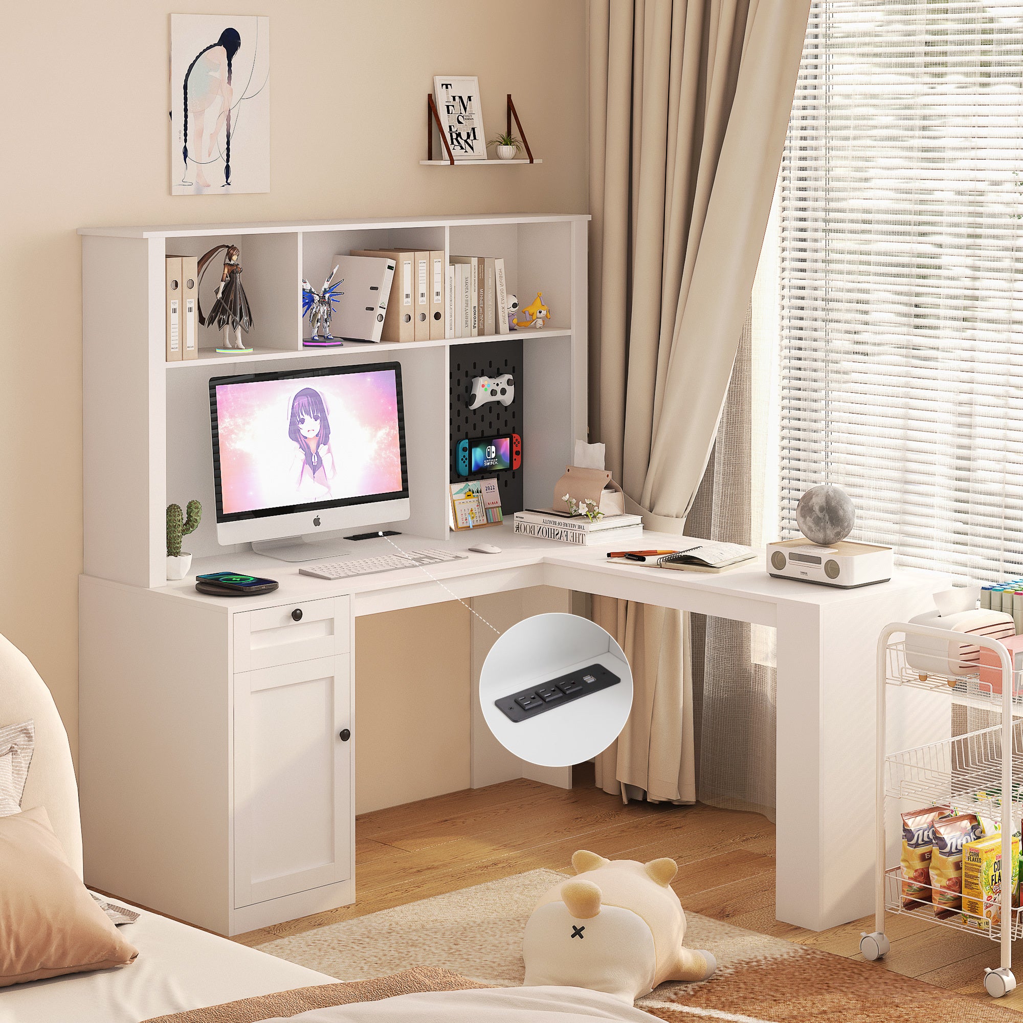 L Shaped Desk With Outlet, Computer Desk With Drawers, Bookshelf & Hutch, Modern Corner Desk, Home Office Desk,L Shaped Study Table Writing Desk,Corner Gaming Computer Desk With Storage White Mdf