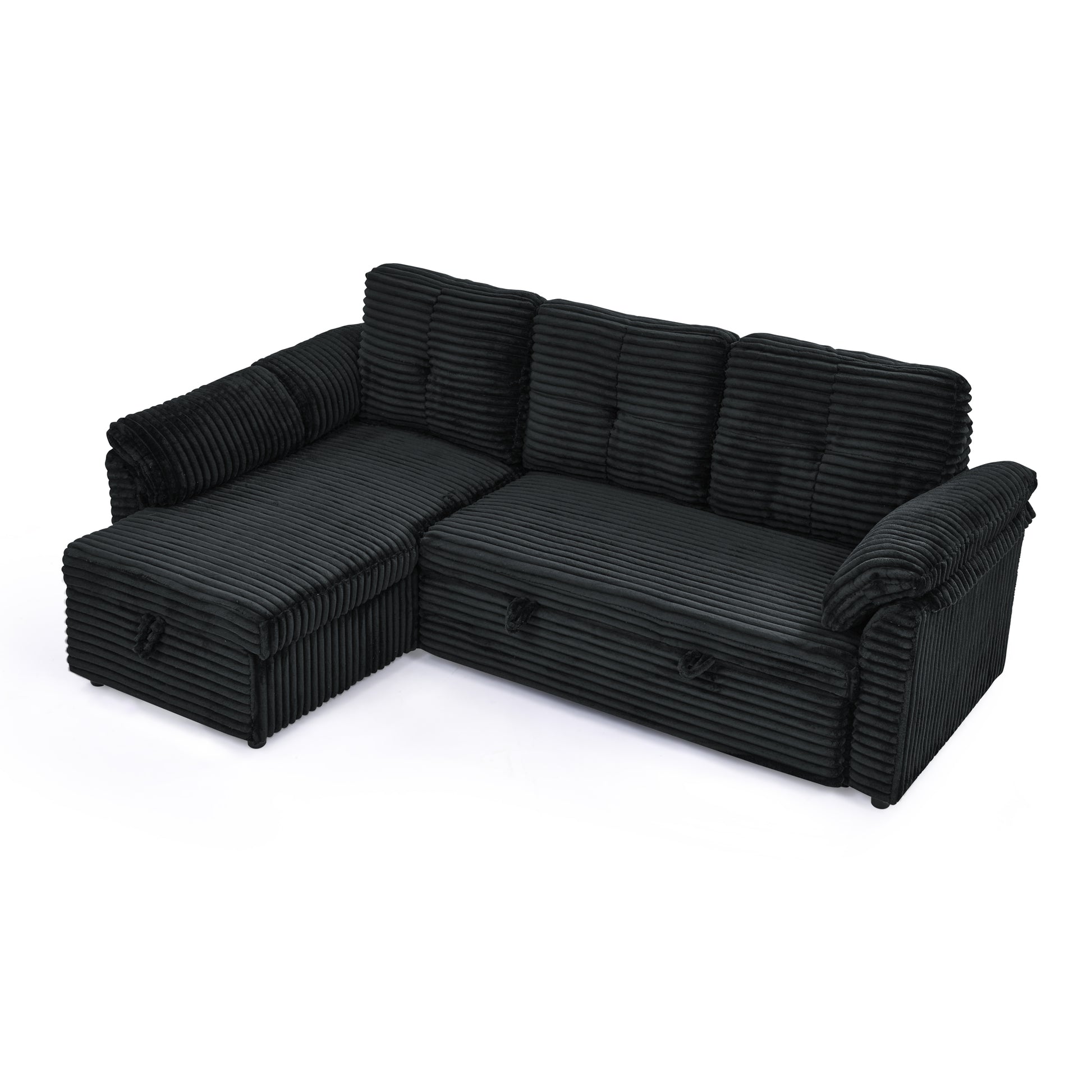 Corduroy Tufted Upholstered Sleeper Sectional Sofa, L Shaped Modular Convertible Sofa With Reversible Storage Chaise, Pull Out Sleep Couch Bed And Reclining Backrest Perfect For Living Space, Black Full Black Corduroy