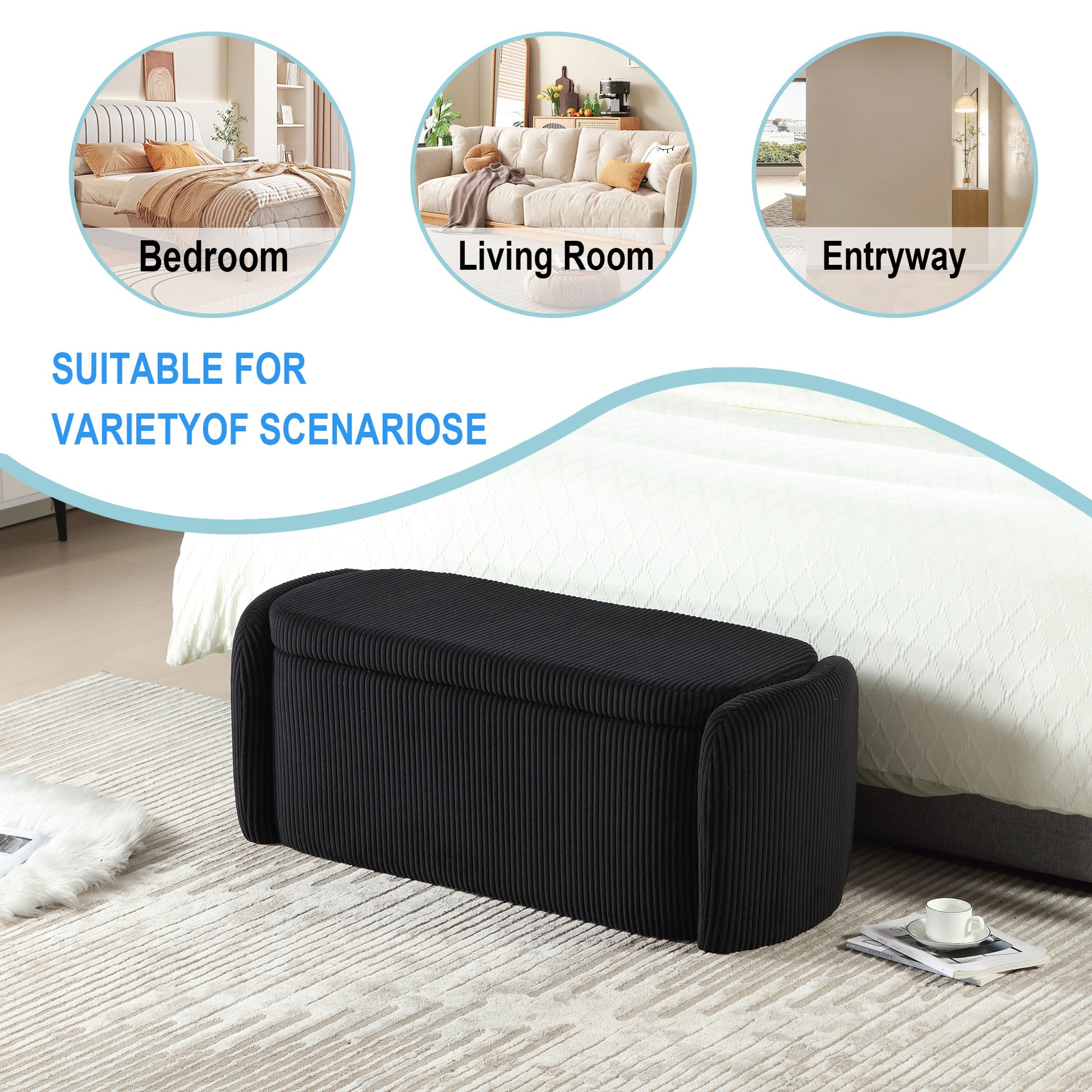 Coolmore Storage Ottoman,Bedroom End Bench,Upholstered Fabric Storage Ottoman With Safety Hinge, Entryway Padded Footstool, Ottoman Bench For Living Room & Bedroom Black Black Primary Living Space Foam Corduroy