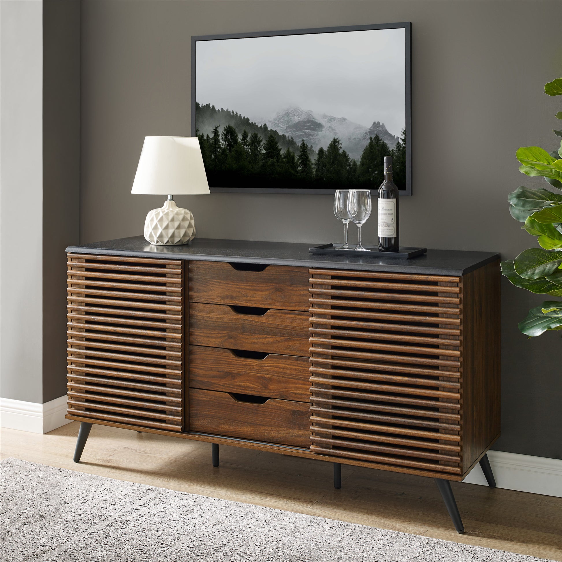 Contemporary Sliding Slat Door Sideboard Ebony