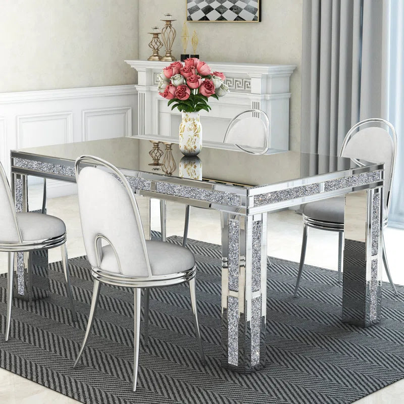 51.18" Mirrored Glass Dining Table With 4 Legs And Crushed Diamond Inlay Silver Seats 6 Mirrored Finish Desk And Hutch Primary Living Space Modern Freestanding Rectangular Kitchen & Dining Tables