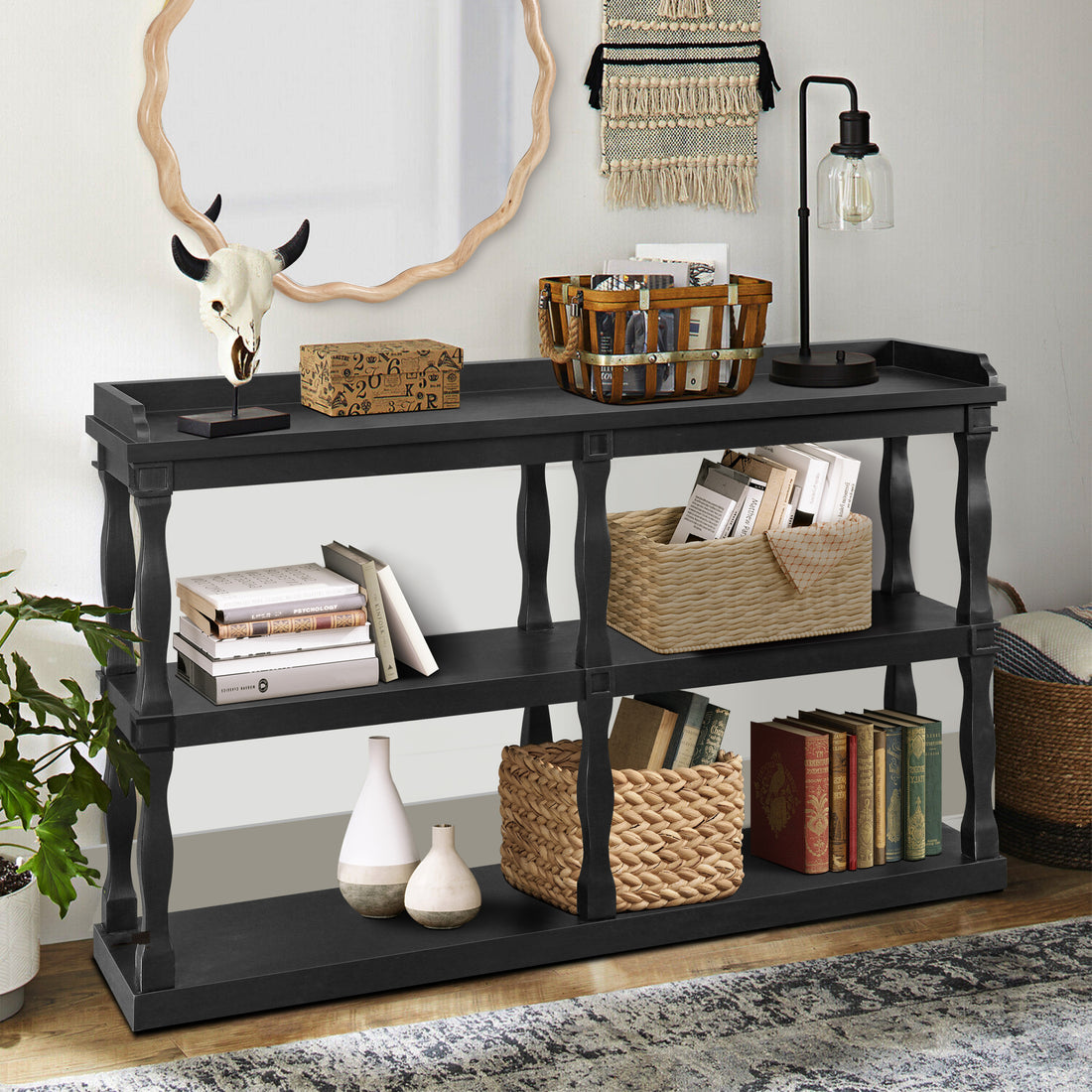 Console Table With 3 Tier Open Storage Spaces And Roman Column Effect Support Legs,Narrow Sofa Entry Table For Living Room, Entryway And Hallway Black Black Primary Living Space Floor Mount Console Tables Glossy Mdf Mdf