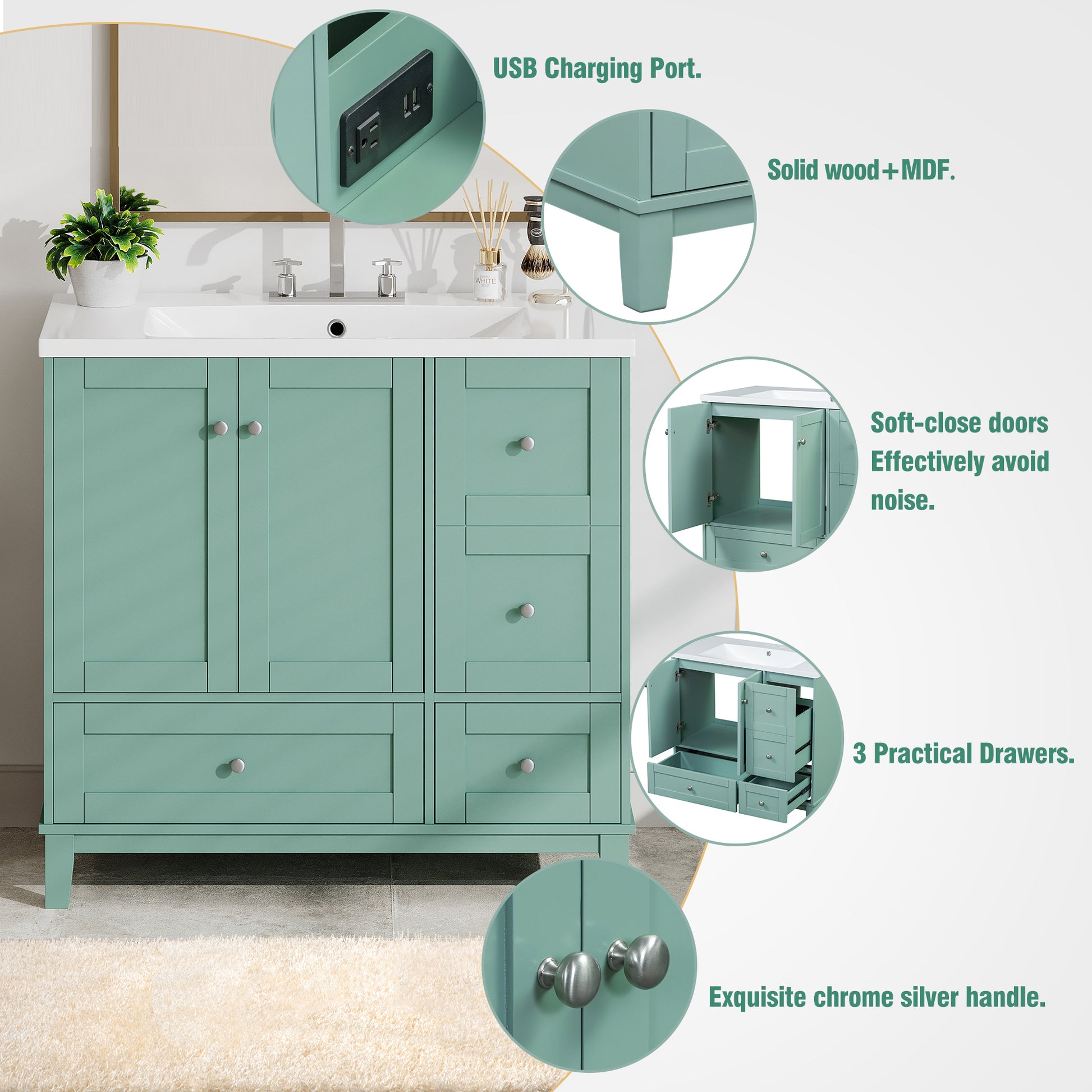 36 Inch Modern Bathroom Vanity With Usb Charging, Two Doors And Three Drawers Bathroom Storage Vanity Cabinet, Small Bathroom Vanity Cabinet With Single Sinkgreen Faucets Not Included Green Bathroom Modern Solid Wood Mdf Resin