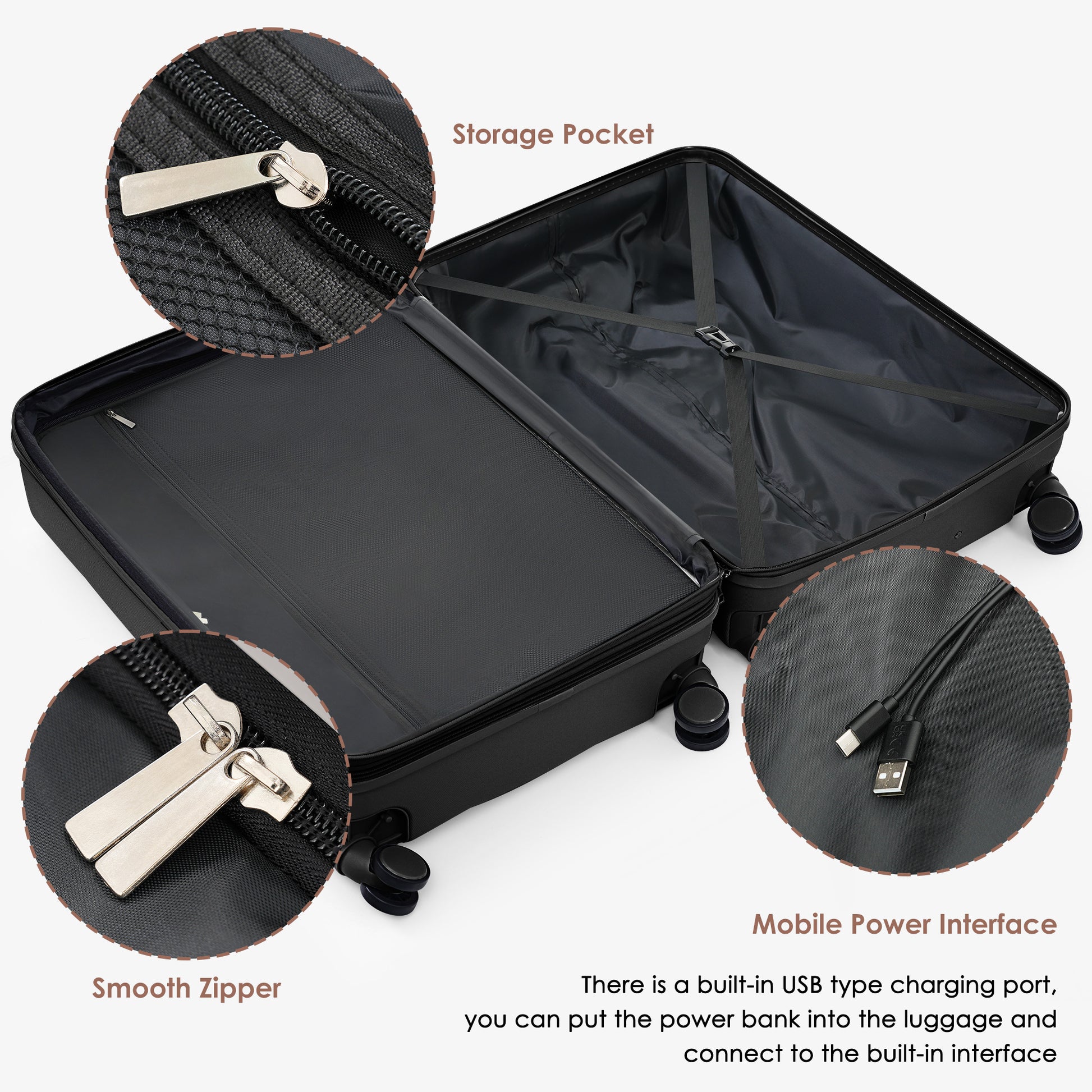 Luggage Sets 3 Piece, 20 Inch With Usb Port And Front Opening Design, Abs Hard Shell Luggage With Spinner Wheels, Cup Holder, Black And Brown Black Brown Abs