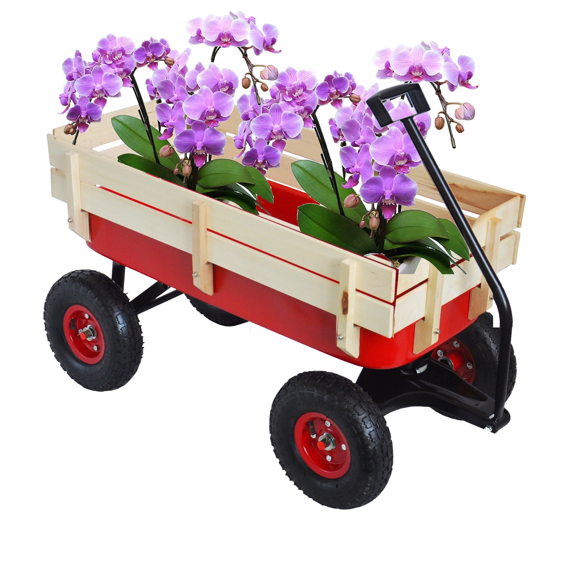 Outdoor Sport Wagon Tools Cart Wooden Side Panels Air Tires Wagon Red Red Garden & Outdoor Metal