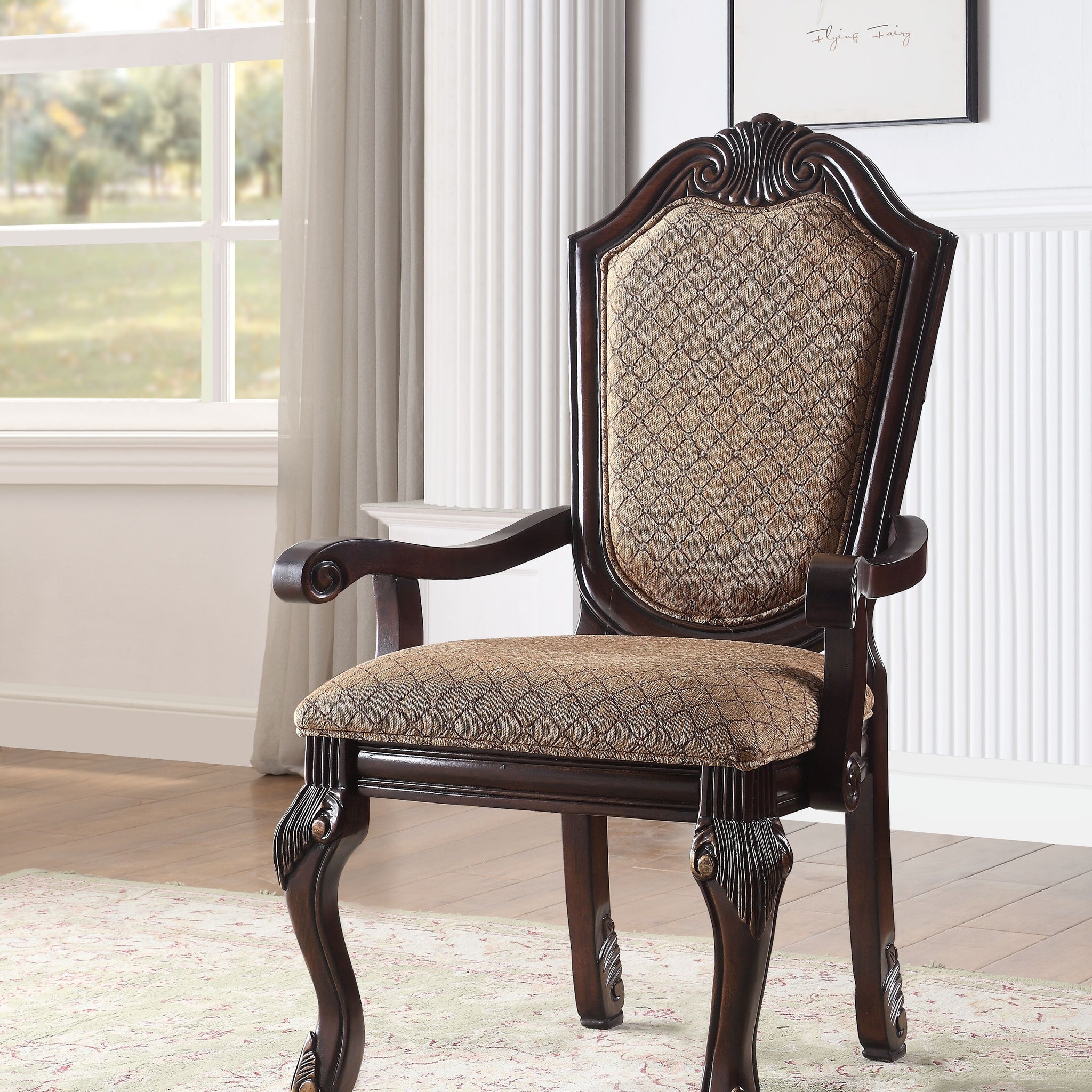 Chateau De Ville Arm Chair Set 2 , Fabric & Espresso 64078A Espresso Upholstered