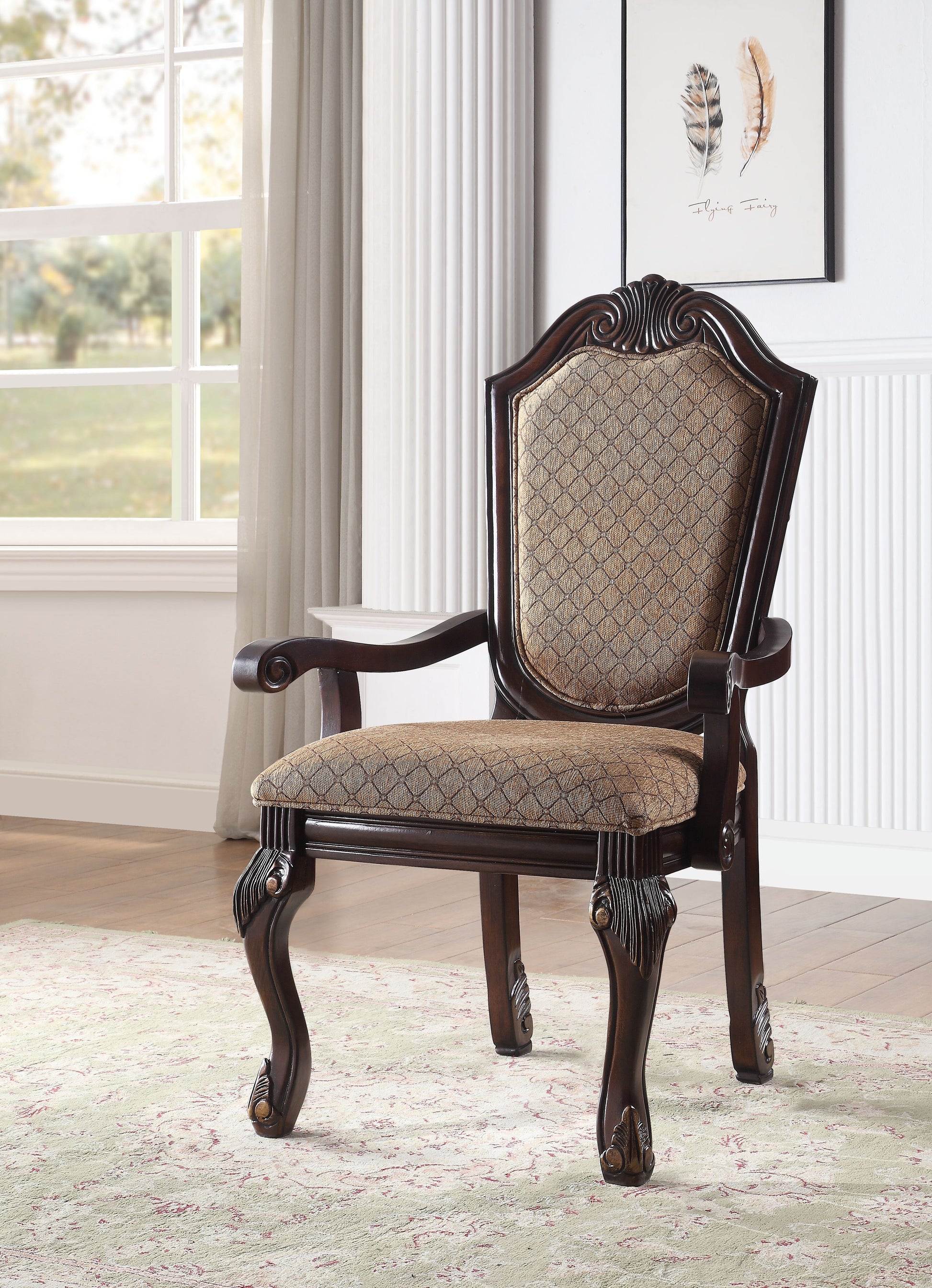 Chateau De Ville Arm Chair Set 2 , Fabric & Espresso 64078A Espresso Upholstered