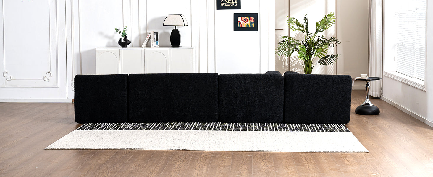 143.7" Upholstered Sofa Free Combined Sofa Couch With Two Chaise Lounge And Five Back Pillows For Living Room, Black Black Foam Polyester 5 Seat