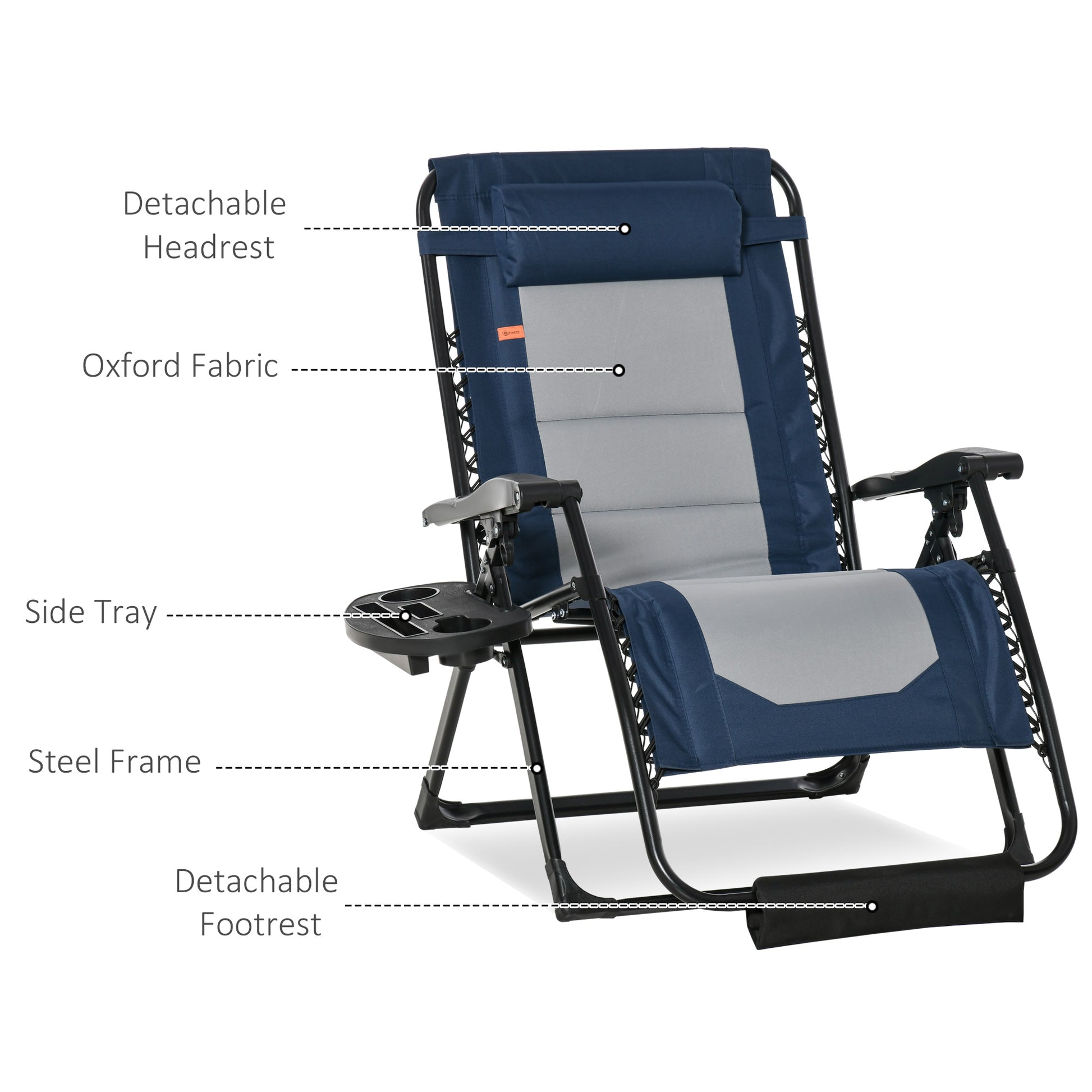 Outsunny Foldable Outdoor Lounge Chair With Footrest, Oversized Padded Zero Gravity Lounge Chair With Headrest, Side Tray, Cup Holders, Armrests For Camping, Lawn, Garden, Blue Blue Steel