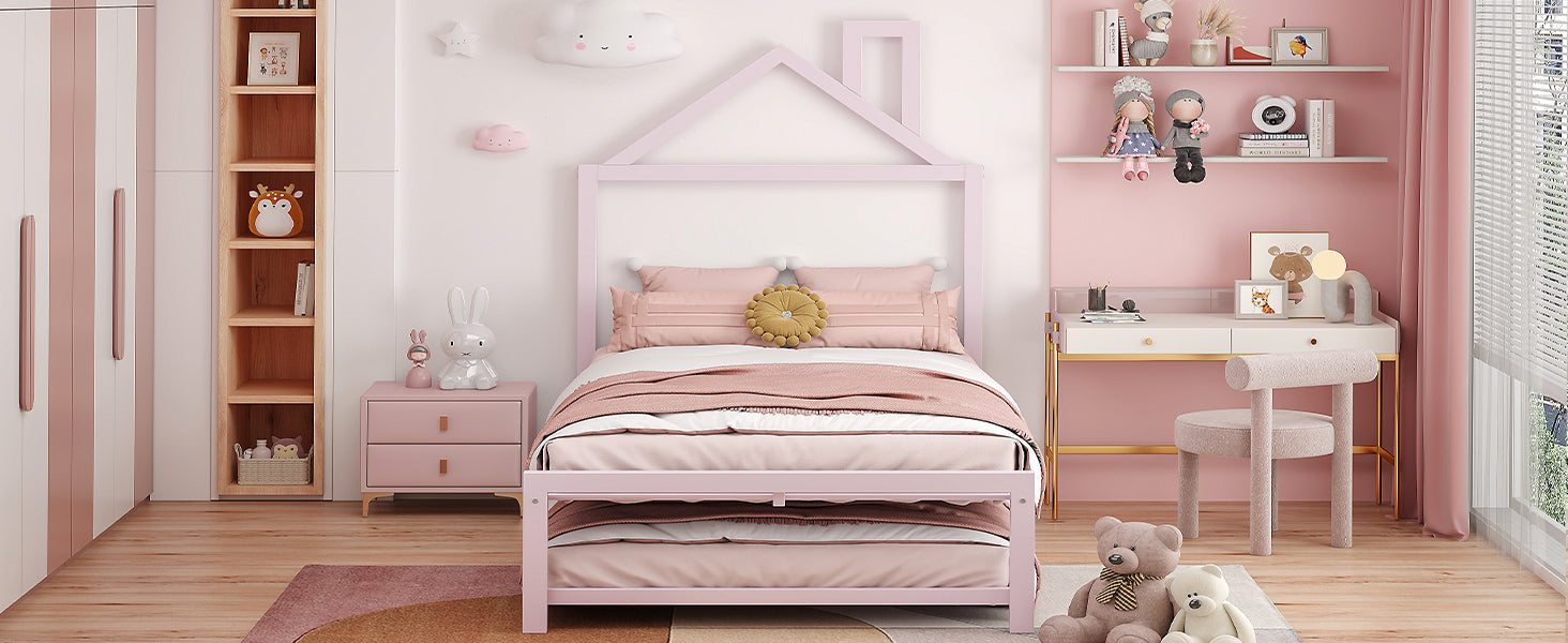 Twin Size Metal Platform Bed With Twin Size Trundle,House Shaped Headboard Design, Pink Twin Pink Metal